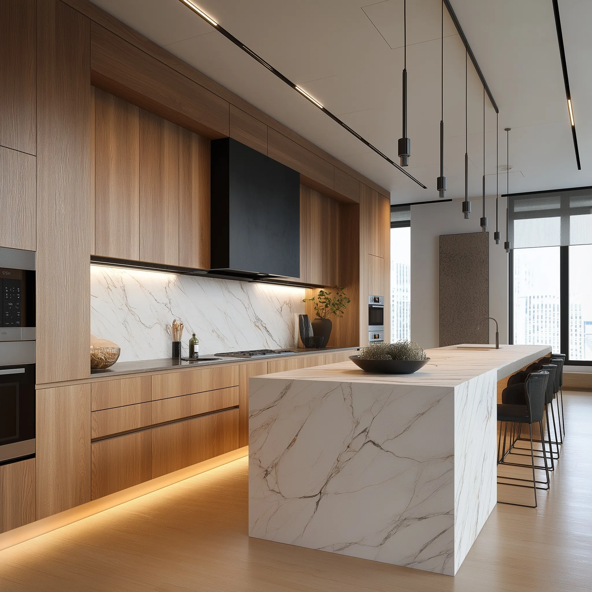 Modern luxury kitchen featuring oak cabinets, white marble countertops, and a black island with warm LED lighting.