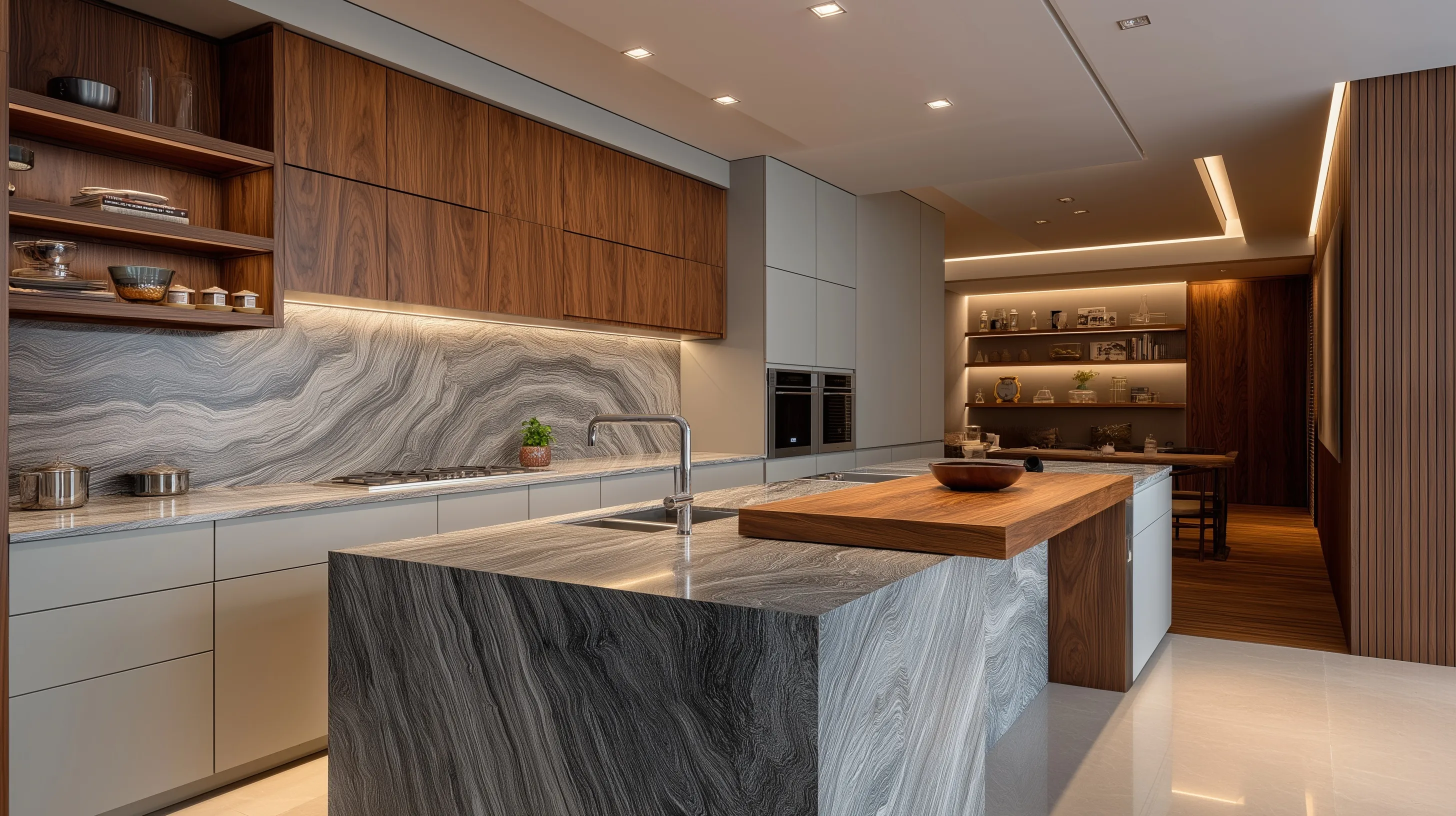Modern Brazilian kitchen interior featuring a luxury dark granite island, matte white cabinetry, and warm wood tones.