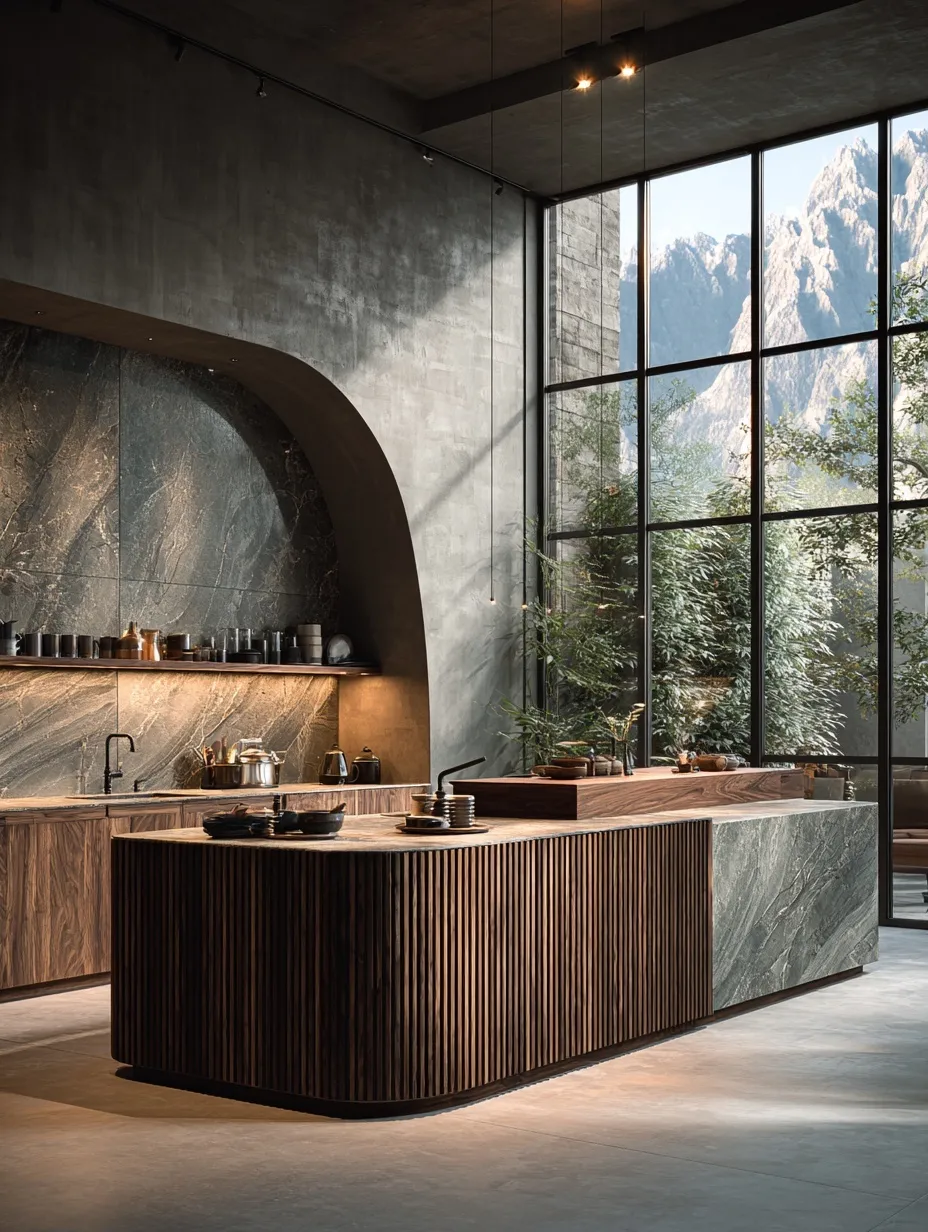 Minimalist luxury kitchen featuring a solid walnut wood island with marble countertops and fluted vertical details.