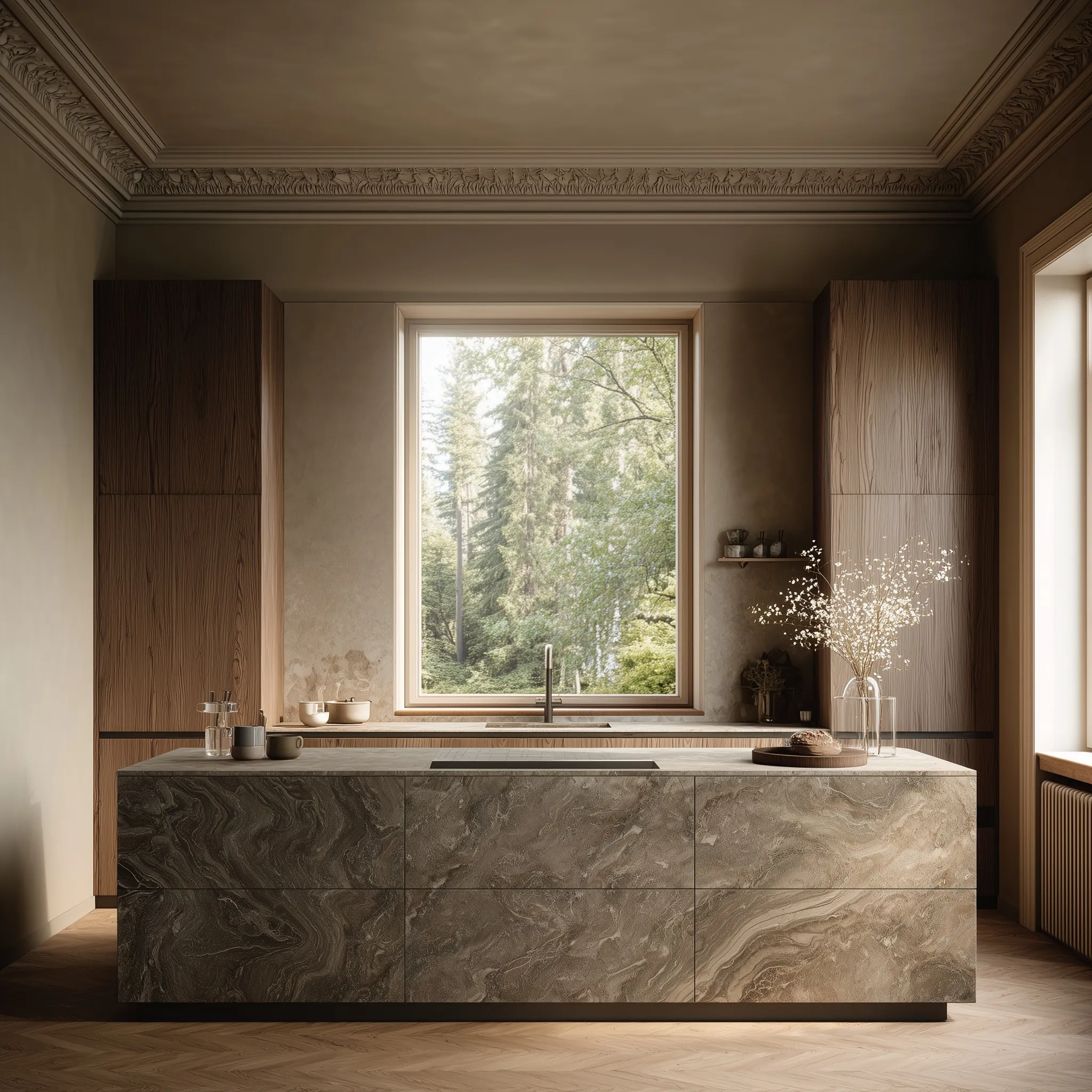 Minimalist luxury kitchen featuring a grey marble stone island, warm wood cabinetry, and a forest view window.