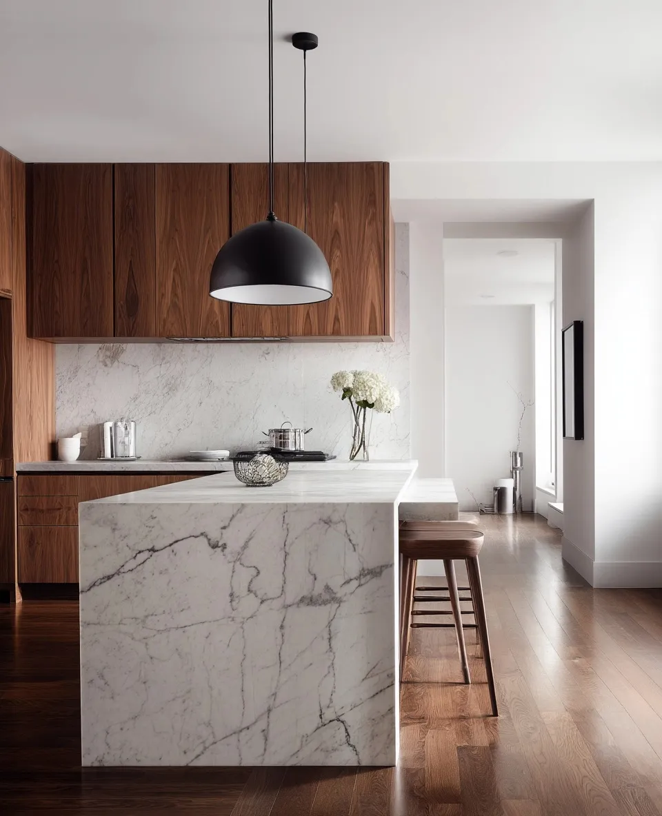 Minimalist luxury kitchen interior with a marble island, wood cabinets, and modern pendant lighting.
