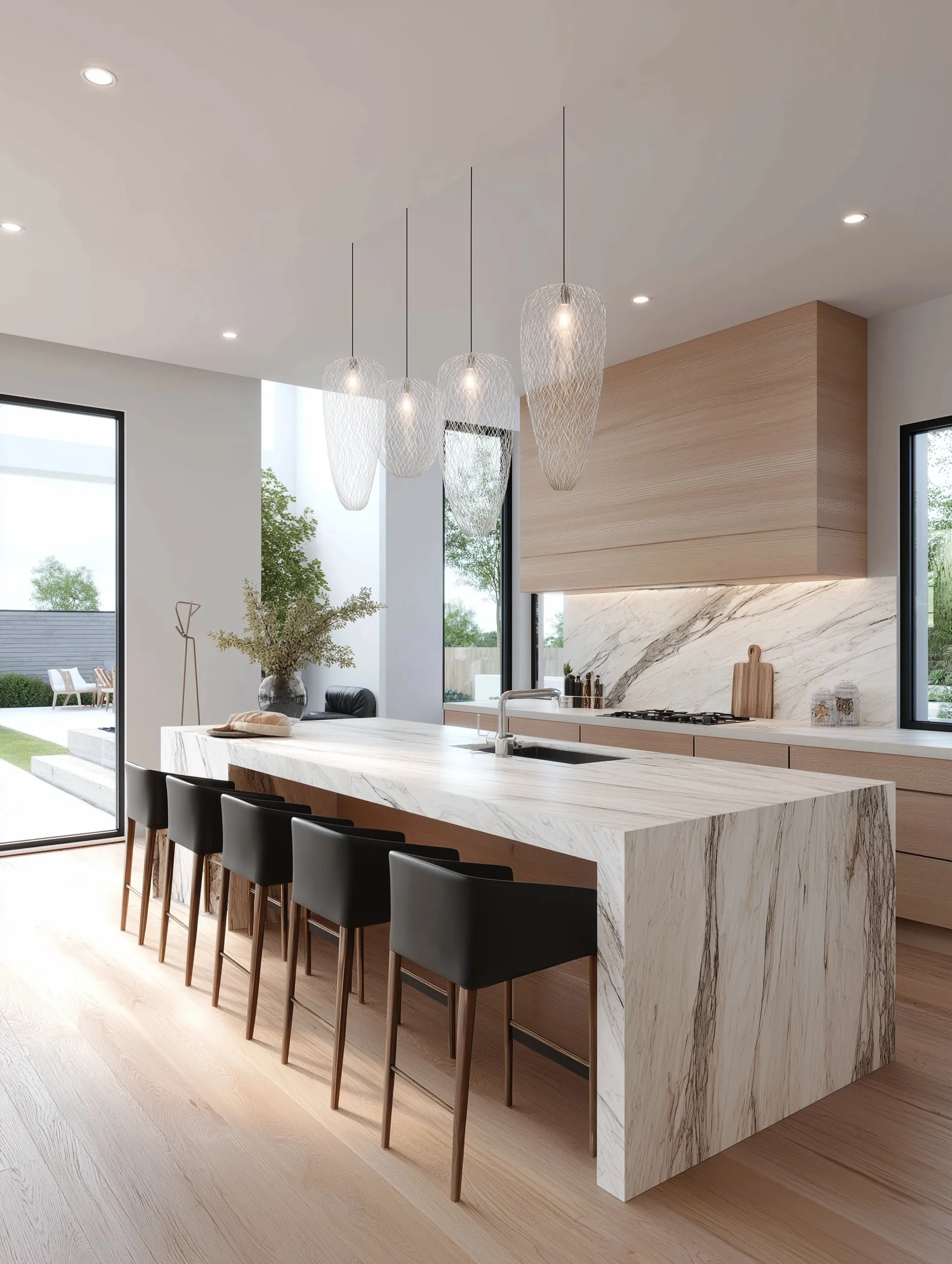 Modern minimalist kitchen interior featuring elegant marble countertops, warm wood cabinetry, and bright natural light.