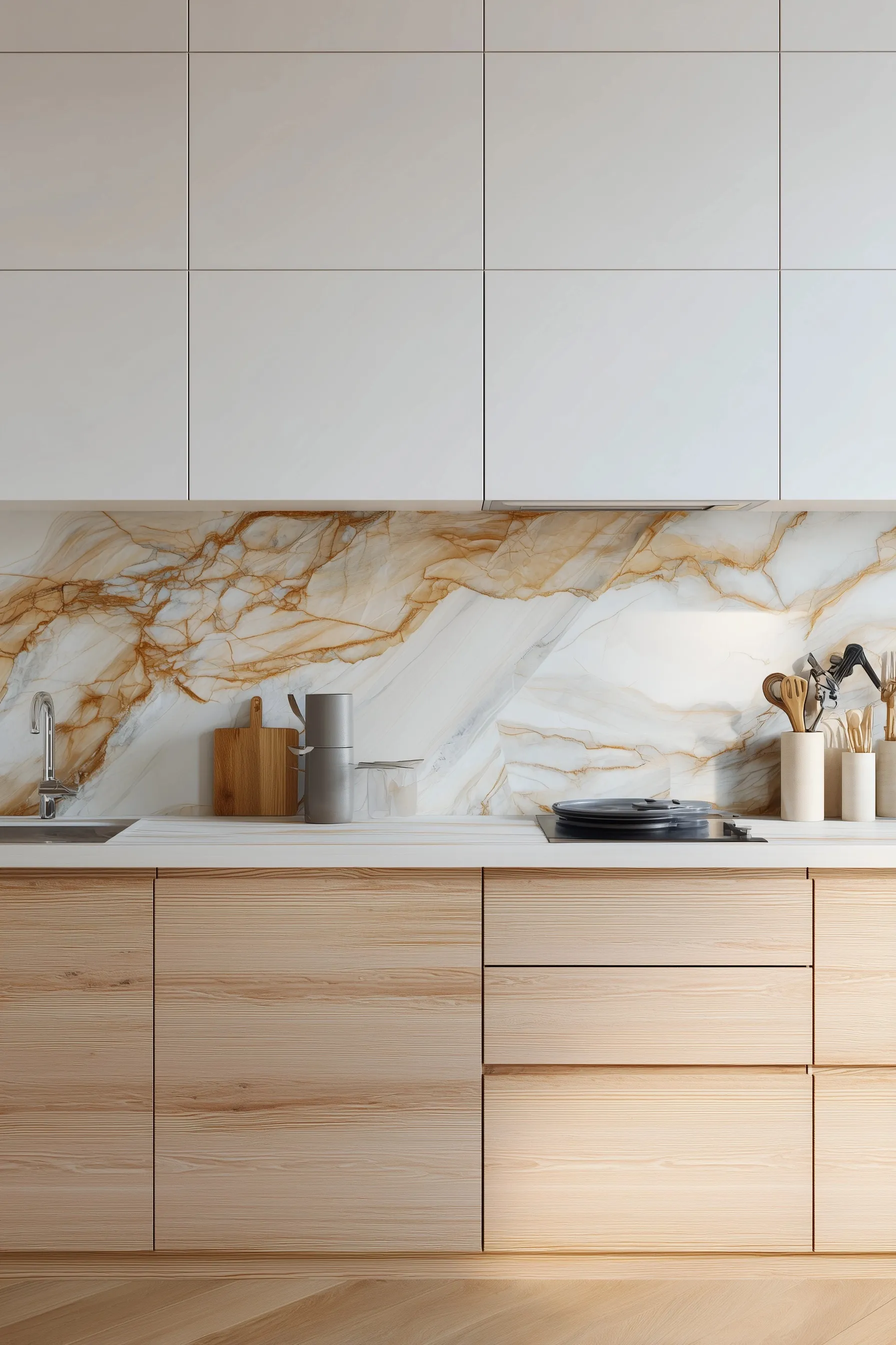 Minimalist Japandi kitchen with light oak cabinets, white marble backsplash, and soft daylight illumination.