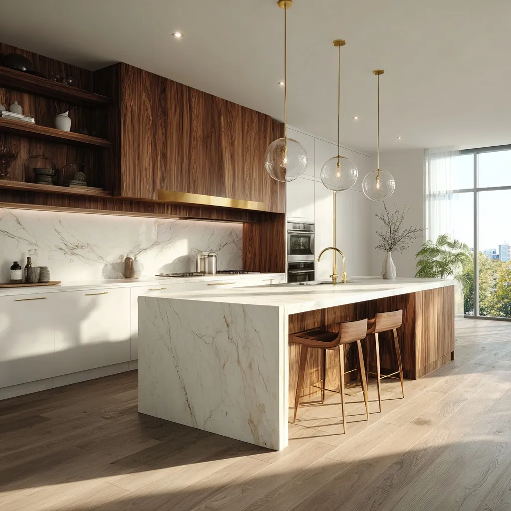 Modern luxury kitchen with white cabinets, walnut wood, marble island, and brass fixtures in a bright home interior.