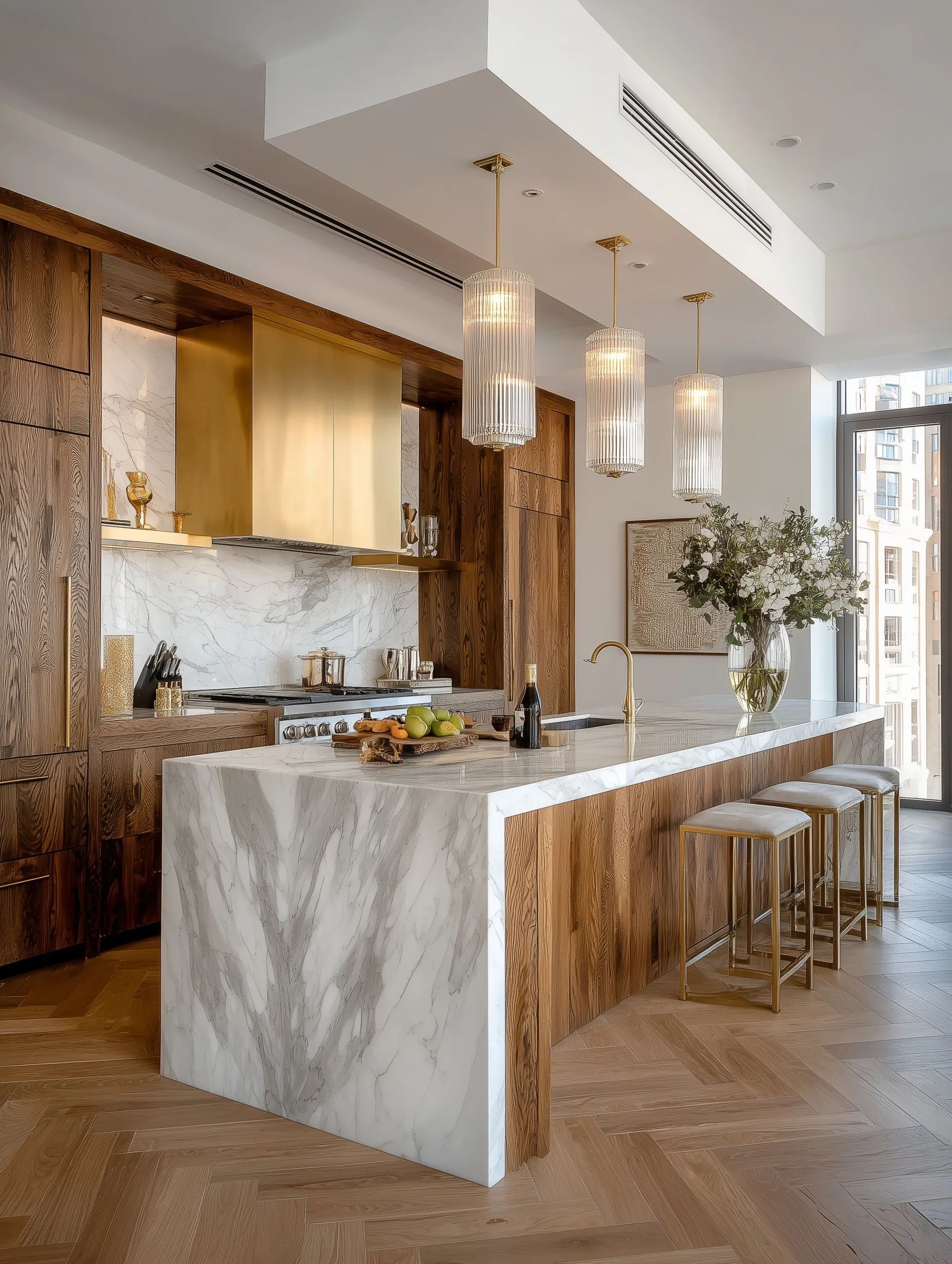 Luxury contemporary kitchen with herringbone oak floors, marble backsplash, and elegant gold metal cabinet accents.