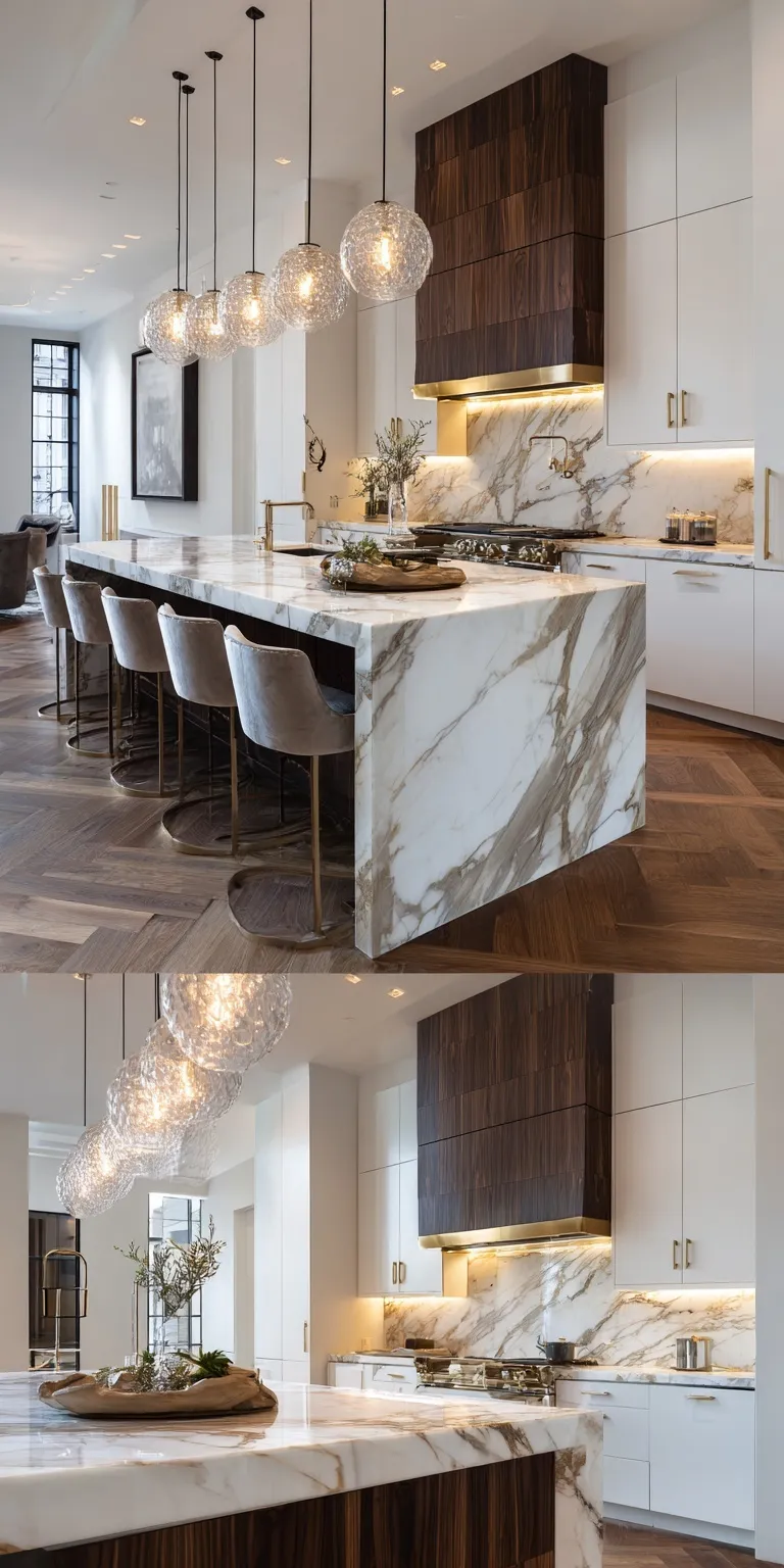 Modern luxury kitchen featuring marble countertops, walnut cabinetry, and gold accents in an elegant, high-end home.