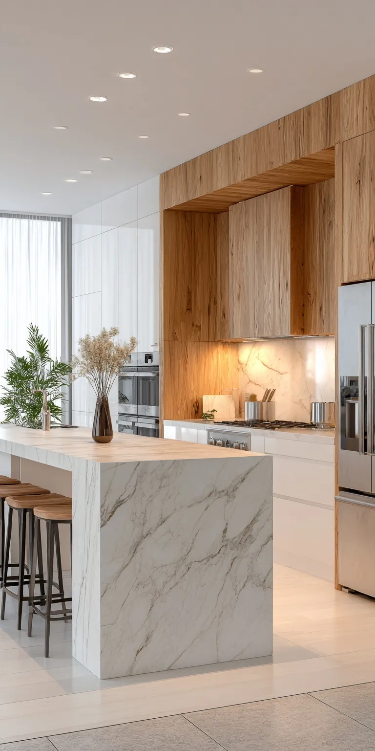 Modern luxury kitchen interior featuring white and oak cabinets with a marble island under soft natural lighting.