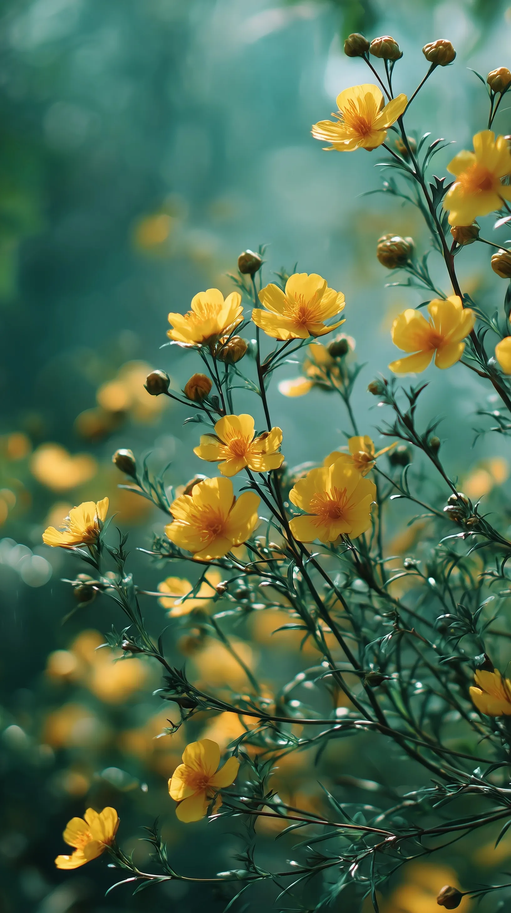 Vibrant yellow wild marigold flowers isolated against a soft, blurred green background for mobile wallpaper.