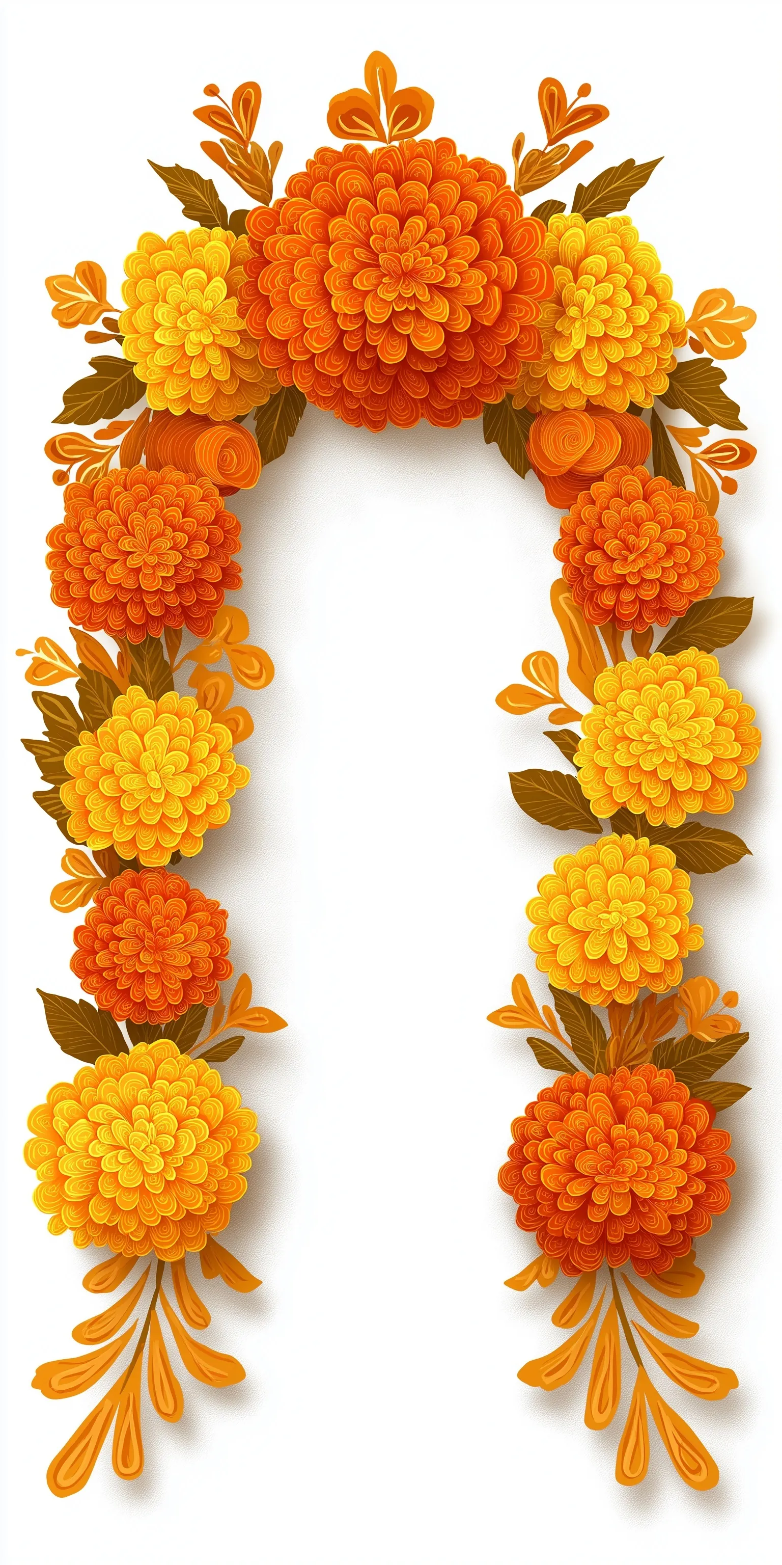 A symmetrical Day of the Dead marigold flower arch with orange and yellow paper-style floral patterns.