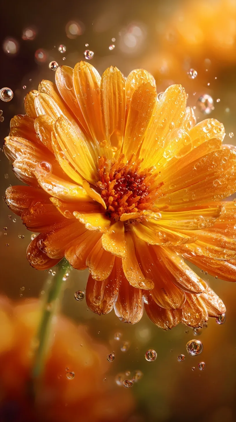Macro shot of a vibrant orange marigold flower floating in botanical oil with sparkling bubbles and amber lighting.