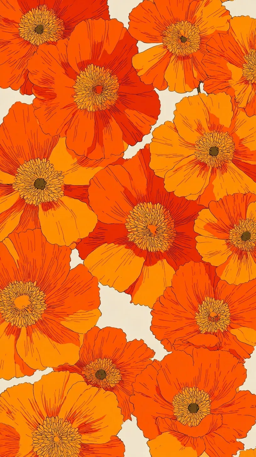 Retro 1970s orange marigold flower wallpaper pattern with bold gouache illustration on cream paper.