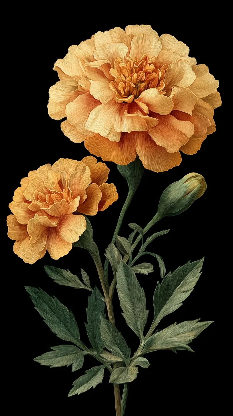 Photorealistic marigold botanical mobile wallpaper featuring two vibrant full bloom flowers and green leaves.