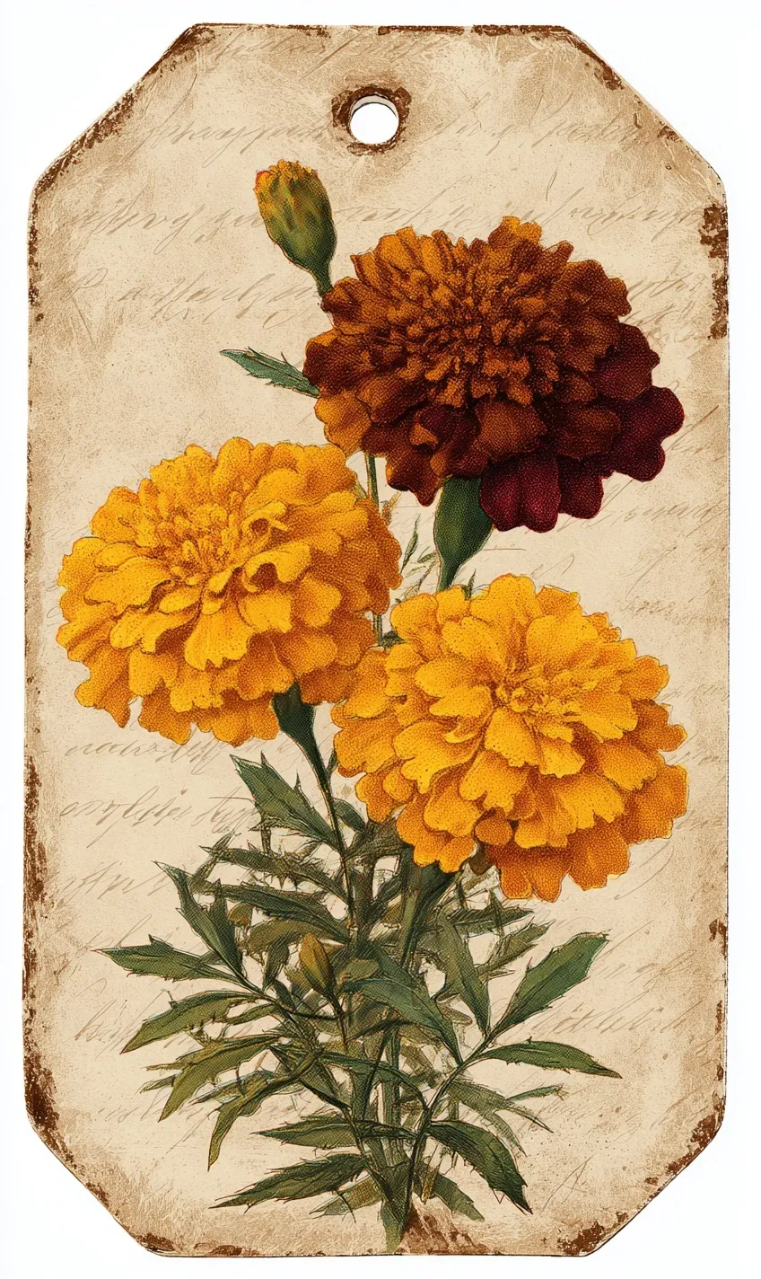 Vintage scientific illustration of marigold flowers on an aged paper tag, isolated on white.