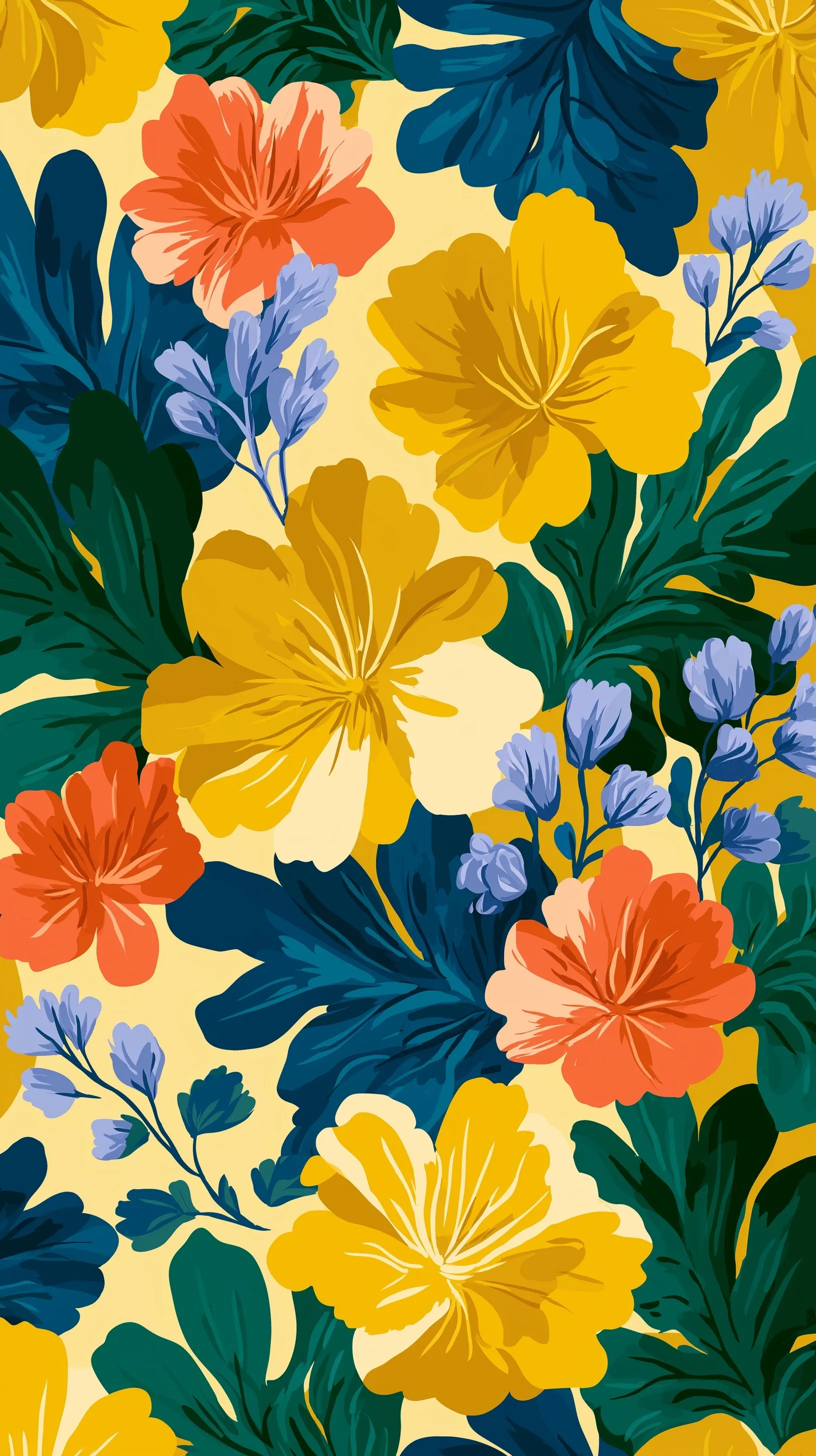 Seamless Mediterranean floral pattern wallpaper with marigold yellow and bougainvillea shapes in Matisse style.
