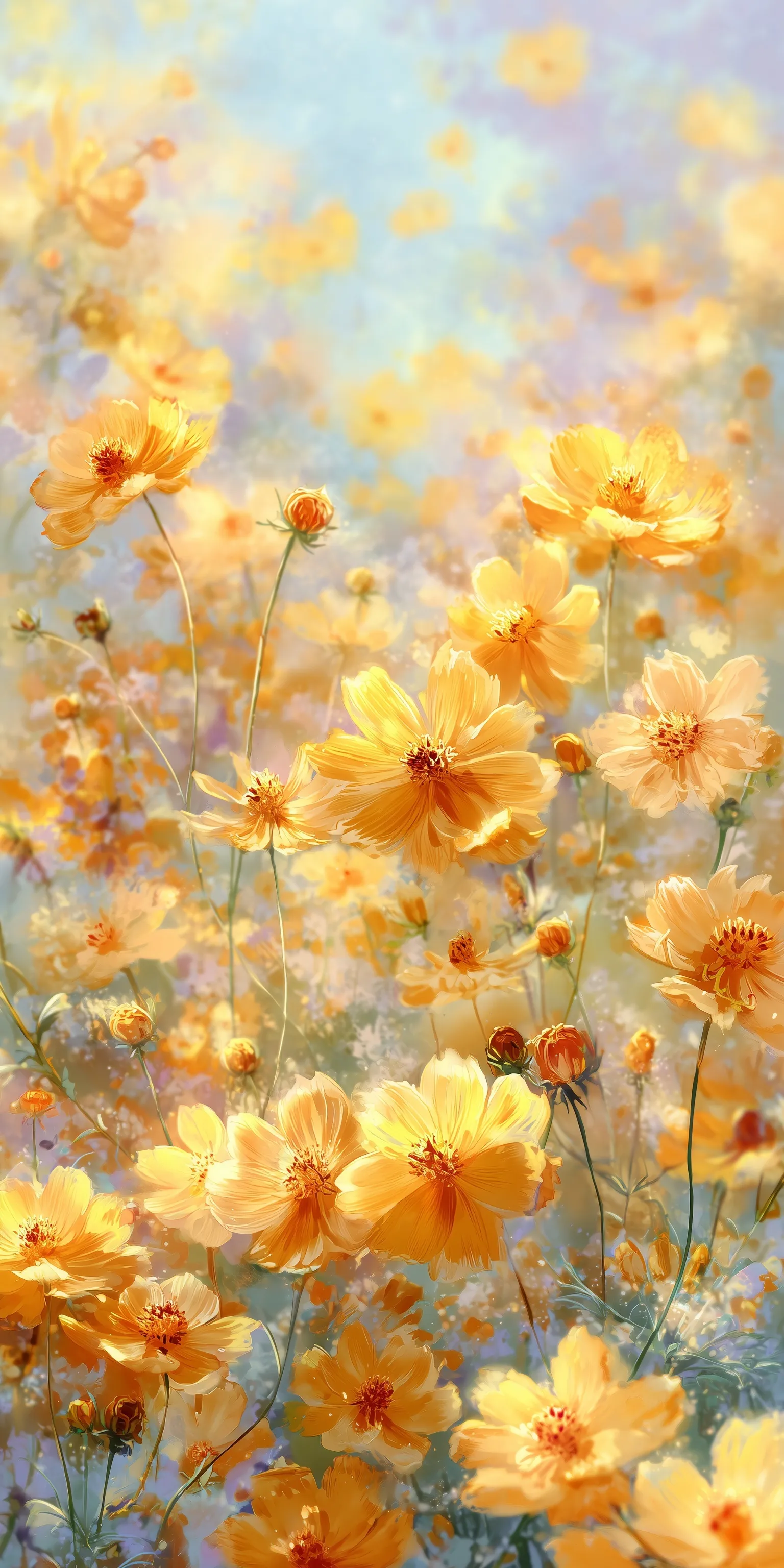 A dreamy watercolor illustration of a vast yellow and orange cosmos flower field in a soft, airy spring sunlight.