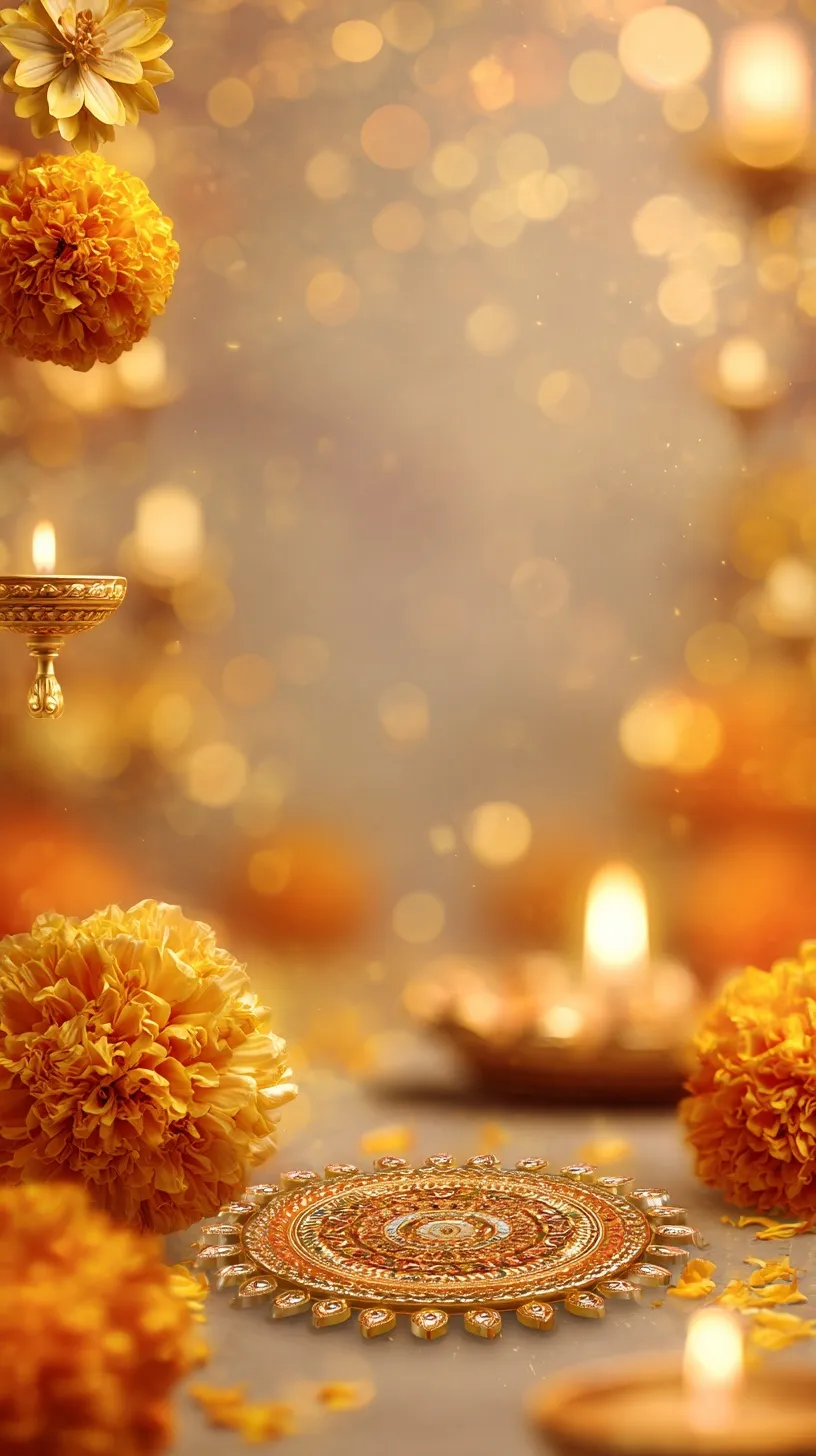 Festive Navratri mobile wallpaper with golden marigolds, diyas, and rangoli, featuring a clean center for copy space.
