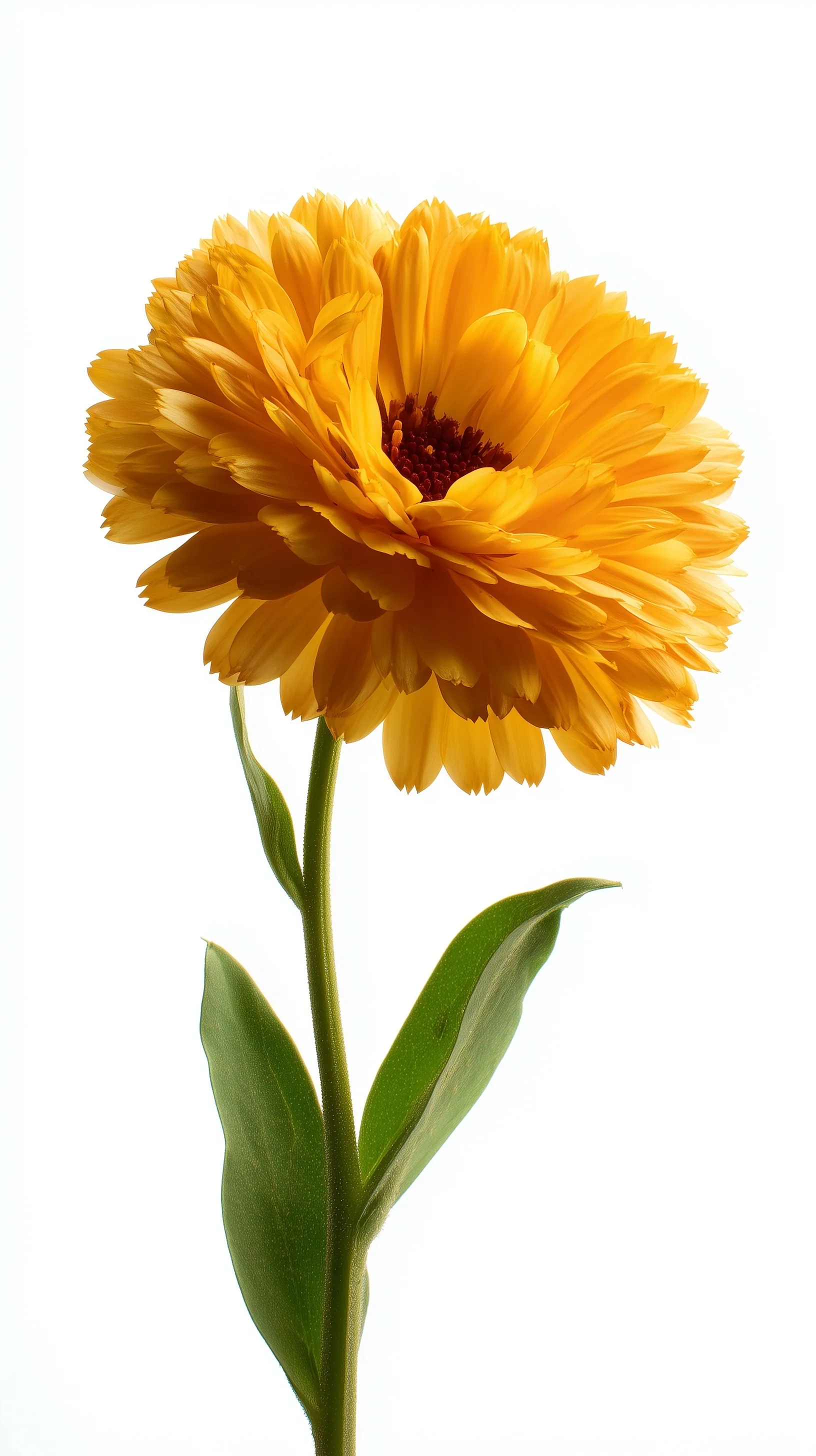 A vibrant Calendula officinalis marigold flower isolated on a clean white background with soft studio lighting.