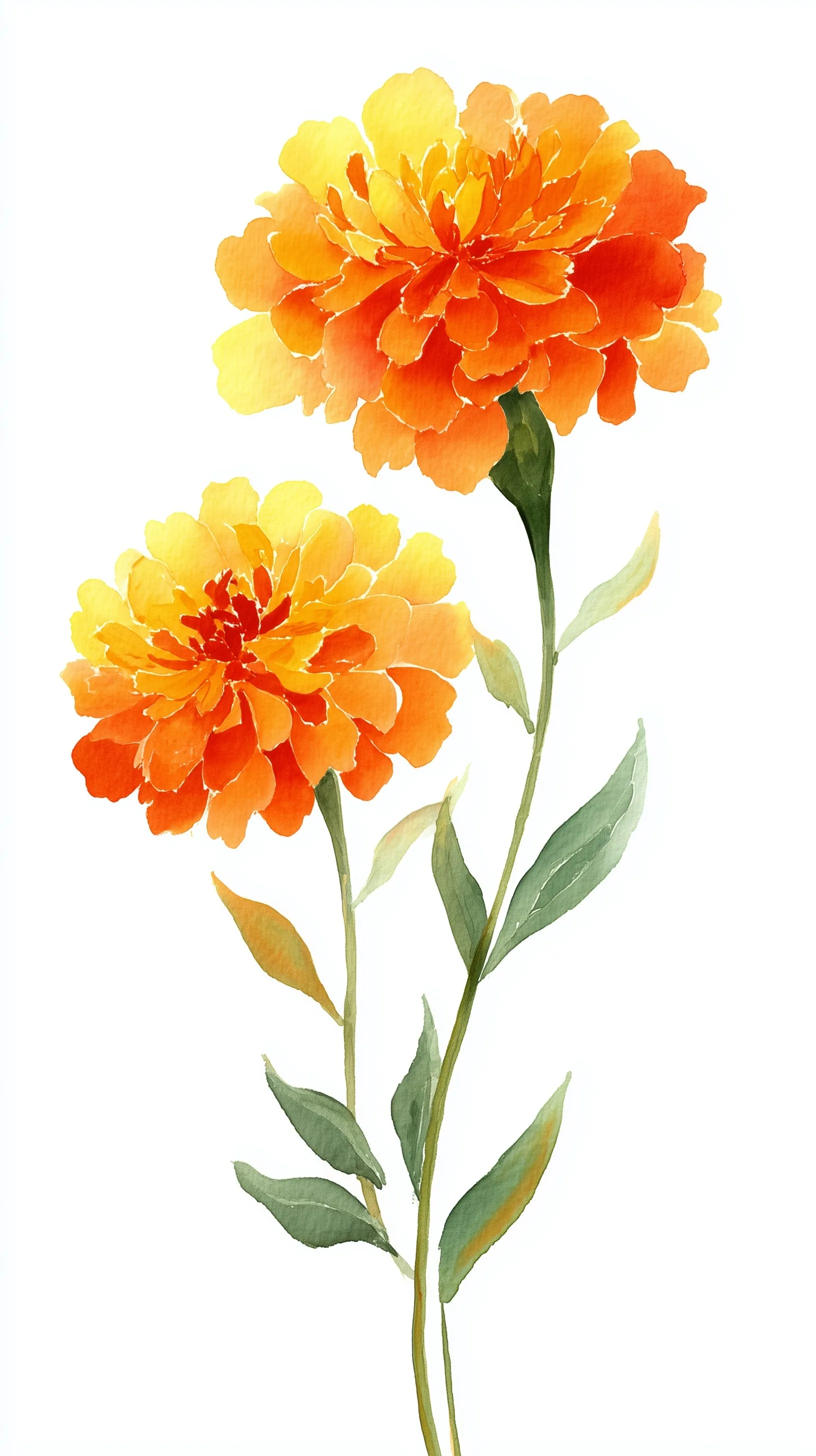 Elegant marigold flowers in Chinese ink wash and watercolor style with warm golden tones on a clean white background.