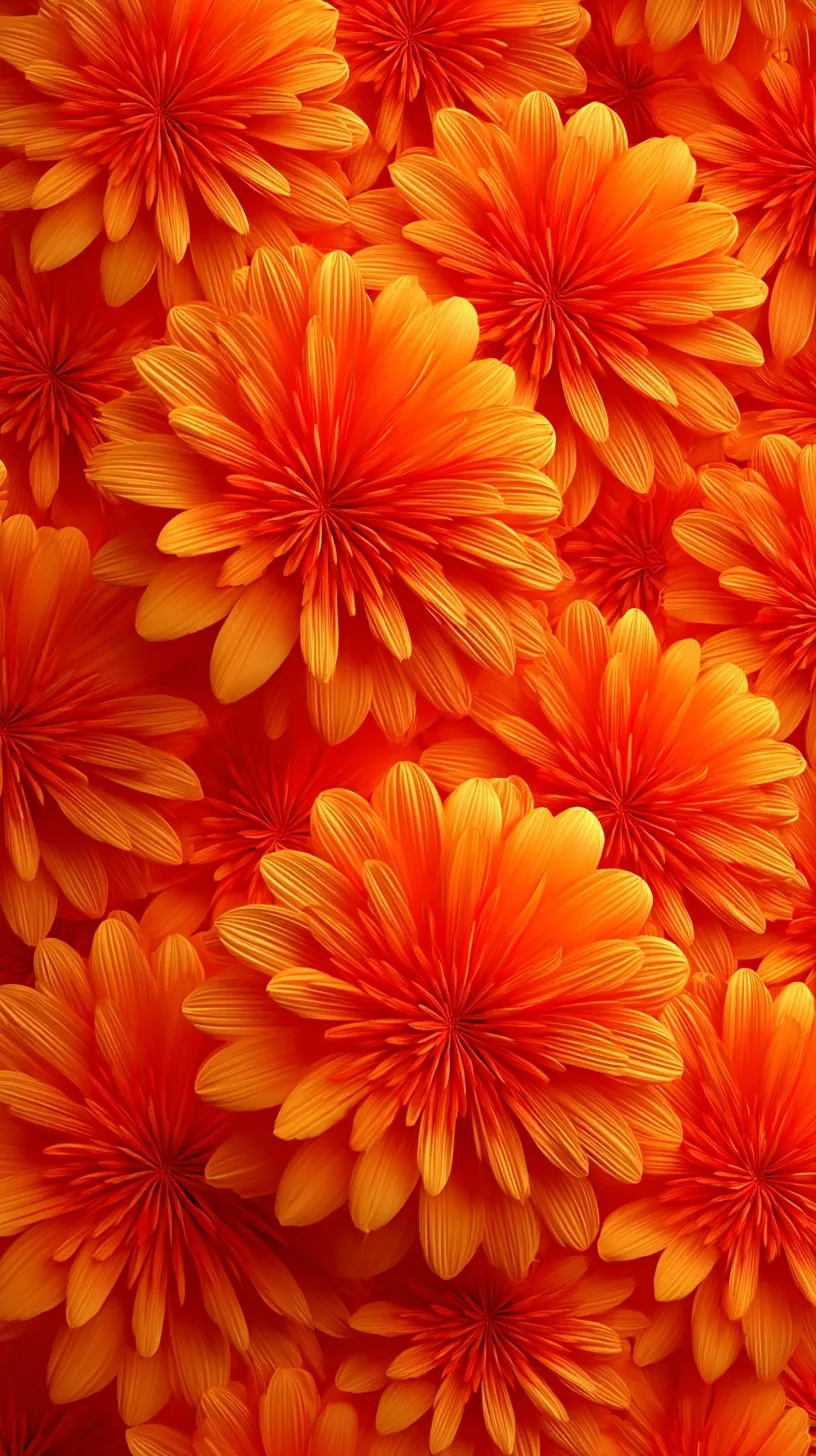 A cute, vibrant orange marigold flower petal pattern wallpaper with a glowing, shiny effect.