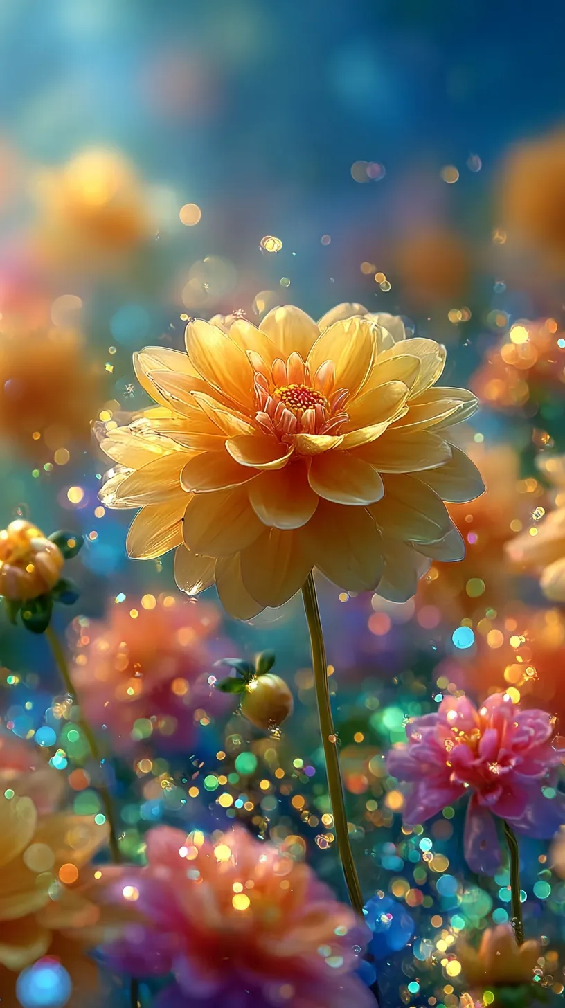 A giant yellow dahlia stands out in a colorful marigold field with sparkling gold holographic lights and blue sky.