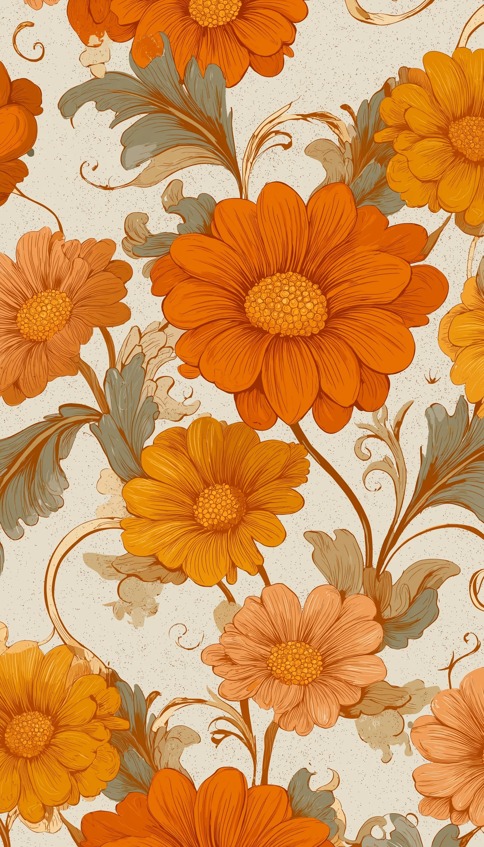 Retro 1970s floral wallpaper pattern with groovy marigold daisies, swirling vines, and vintage warm tones.