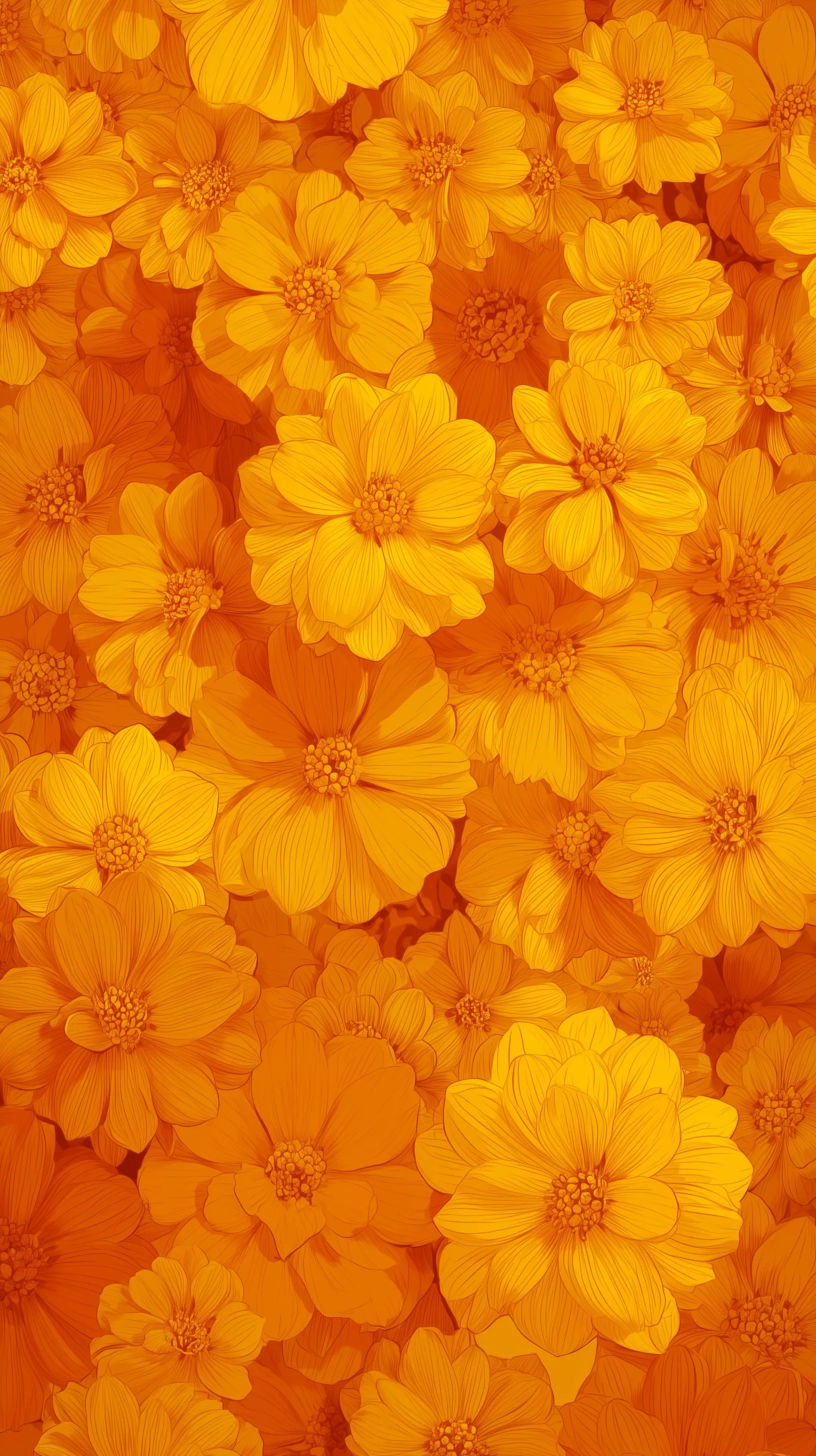 A monochromatic yellow and orange vector illustration of a marigold flower wall, perfect for mobile backgrounds.