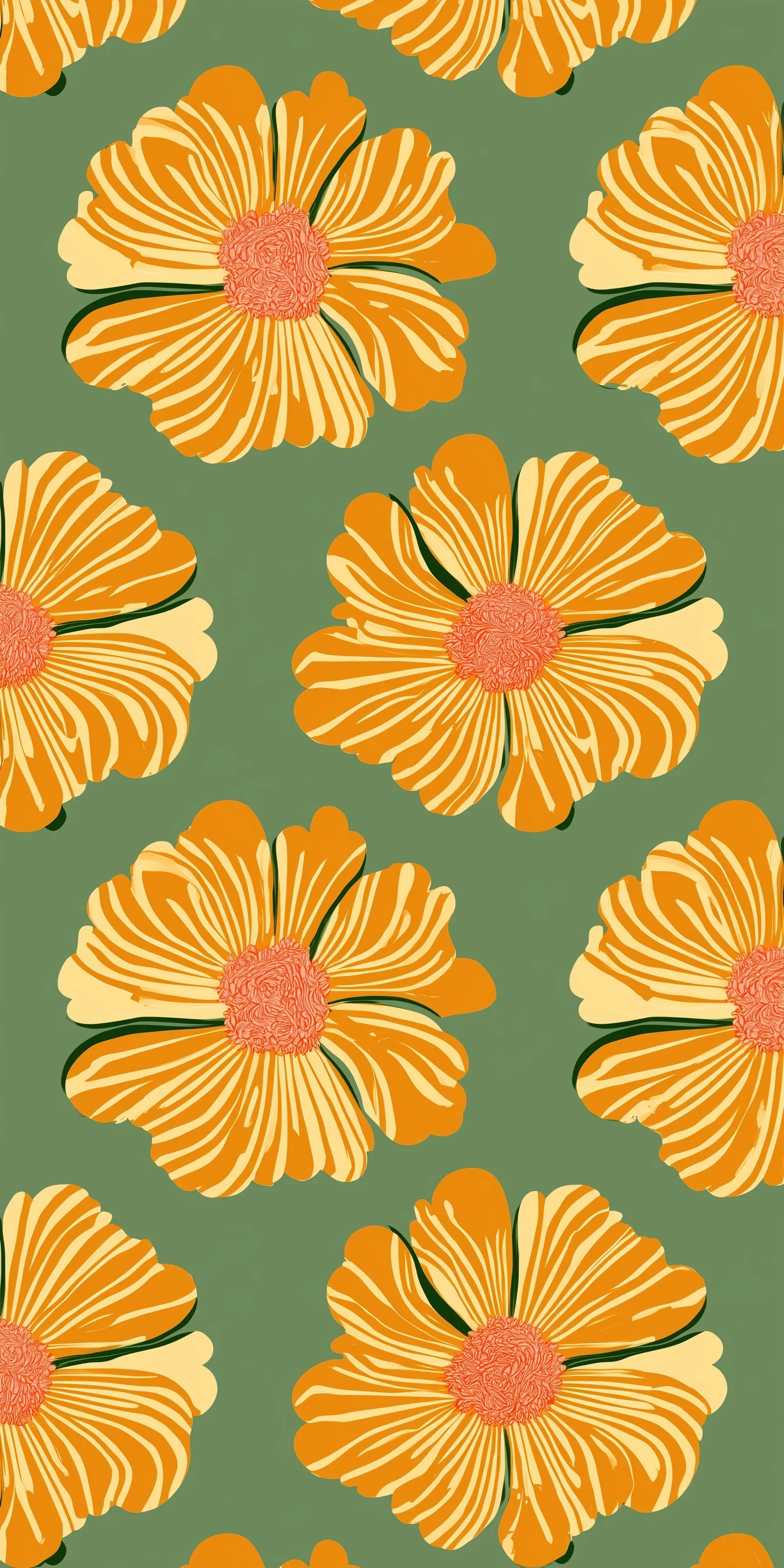 Seamless marigold flower wallpaper with bold golden yellow petals and sage green background in modern folk art style.