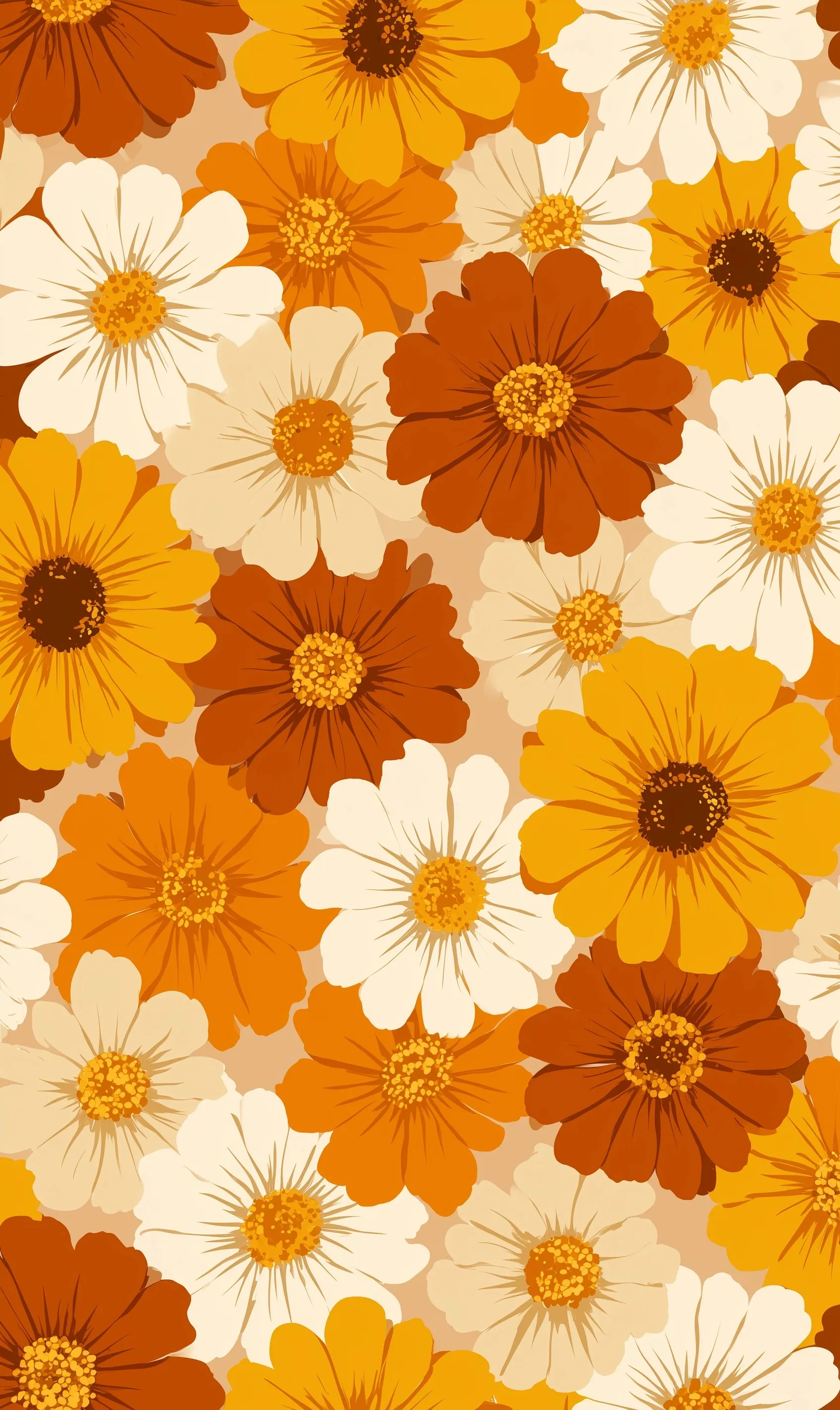 Retro 1970s floral wallpaper with a repeating daisy pattern in mustard, burnt orange, and cream colors.