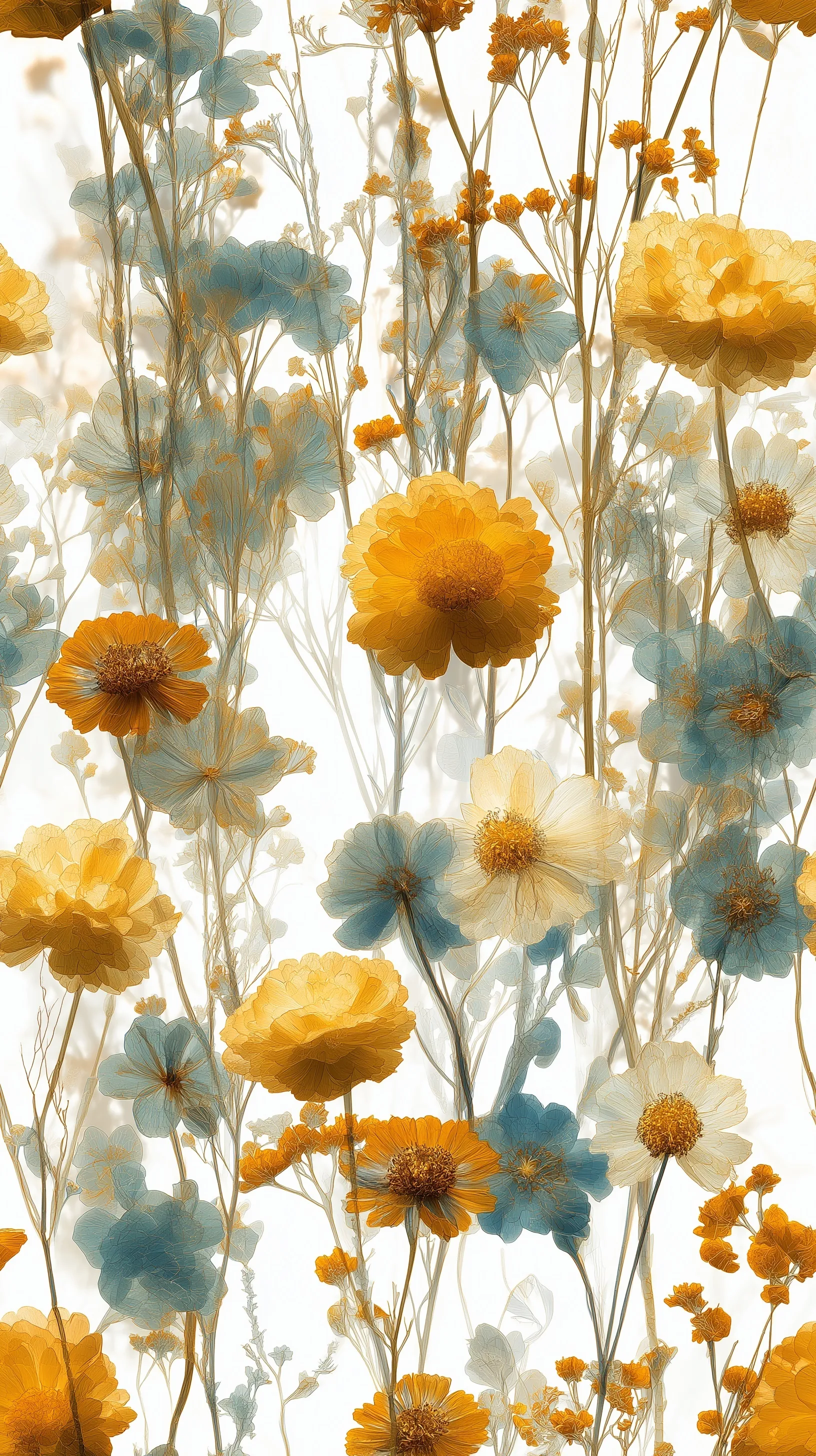 Dried pressed marigold flowers arranged vertically on a clean white background, soft botanical style wallpaper.