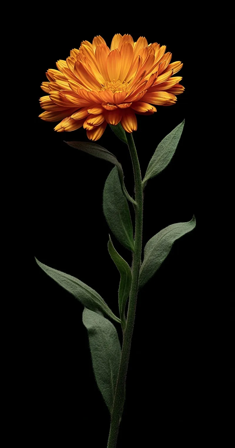 A professional macro shot of a vibrant yellow Pot marigold flower isolated against a dark black background.