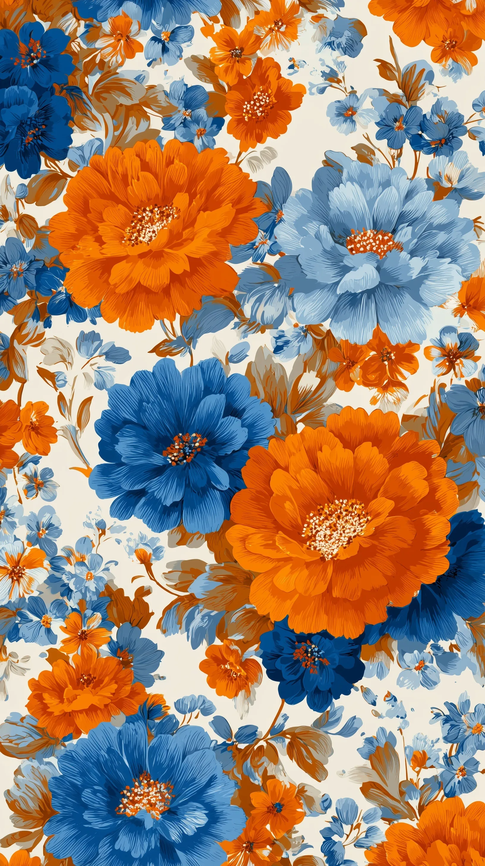 Retro floral pattern with orange marigold flowers and blue accents on a clean white background.