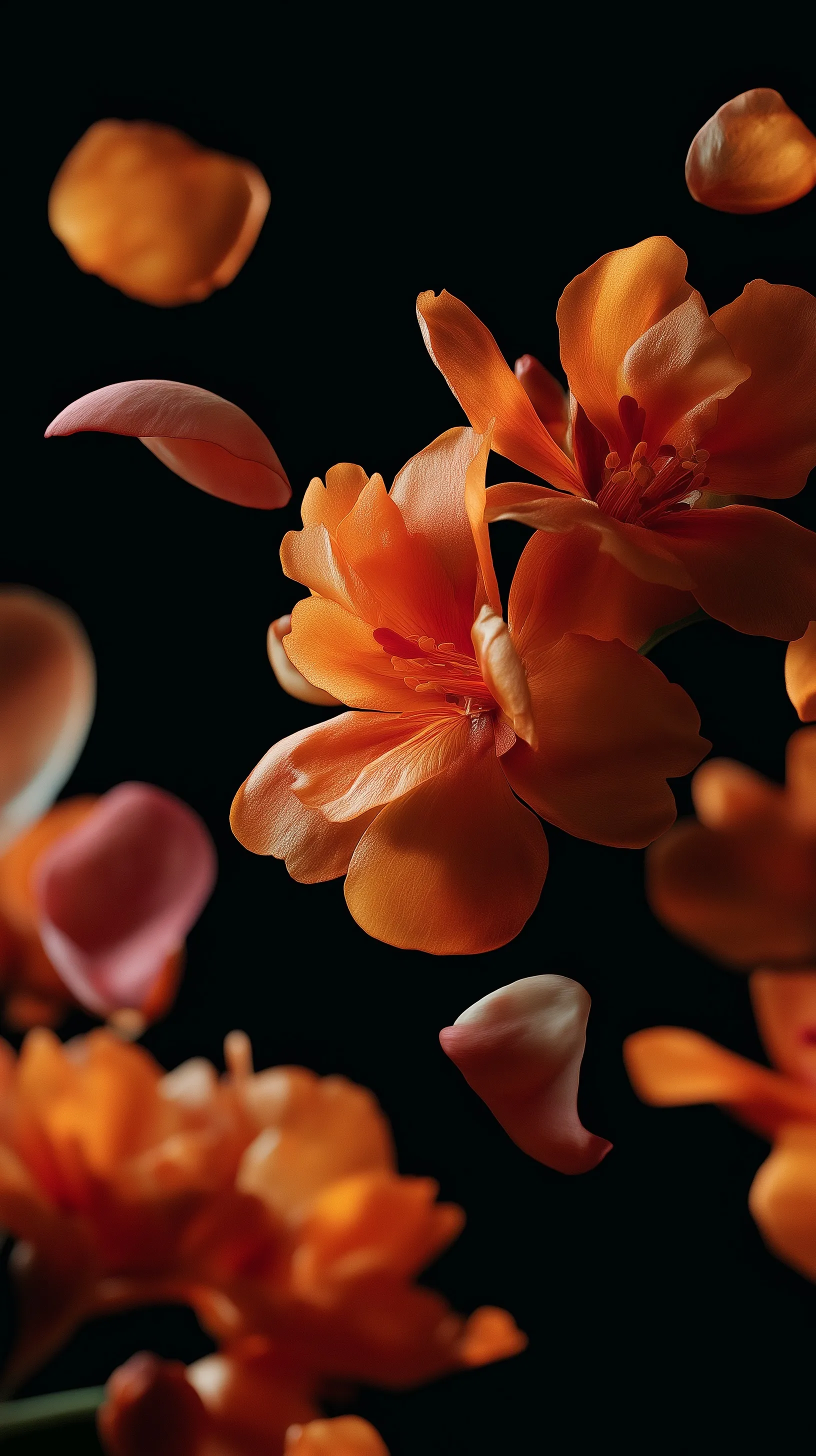 Vibrant orange marigold flowers floating against a deep black background, cinematic editorial style.