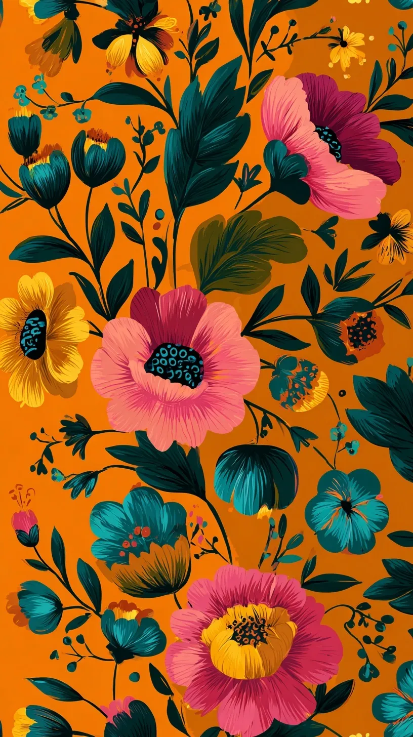 A flat vector illustration of a traditional folk art marigold floral pattern on a vibrant orange background.