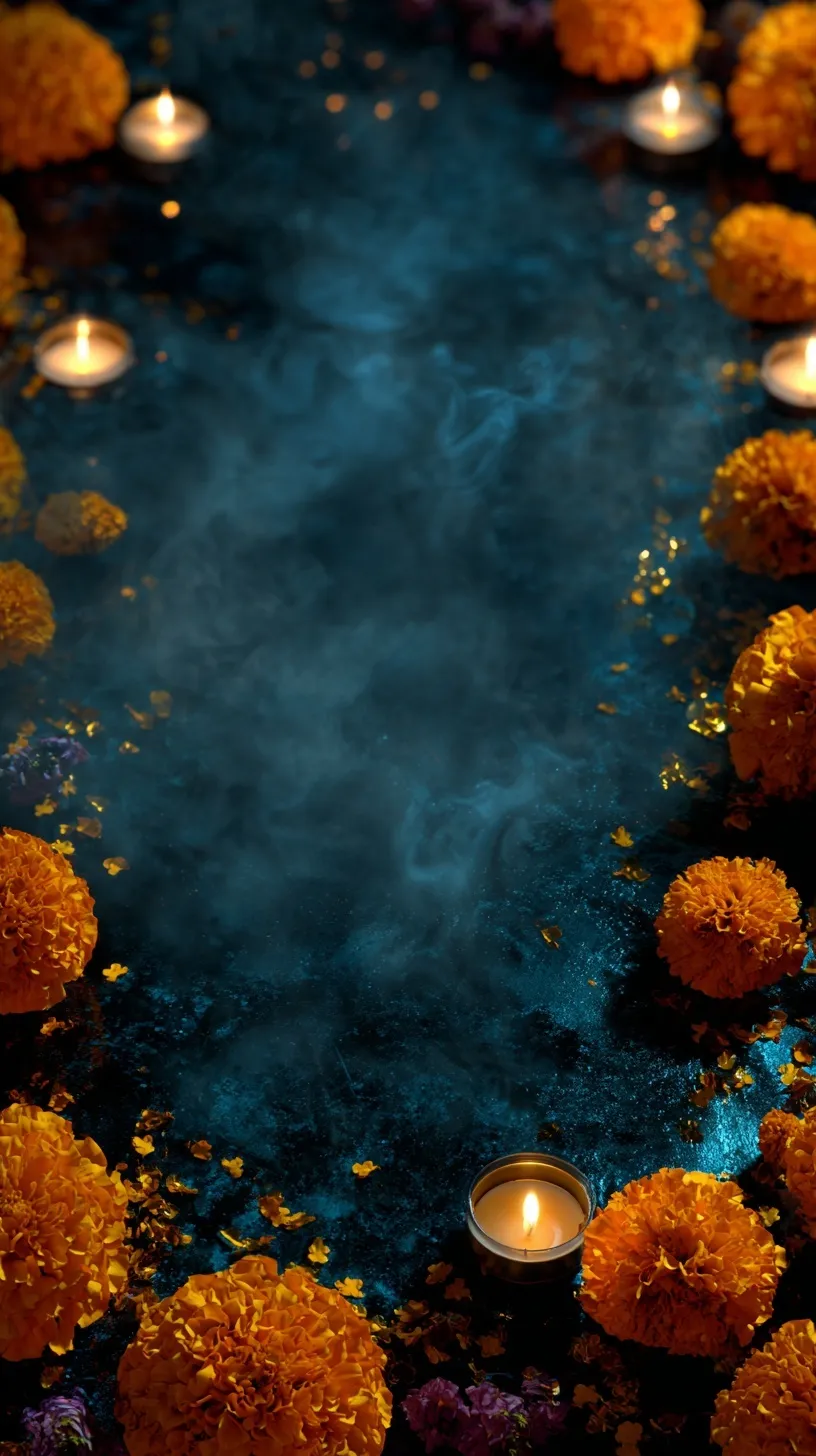 Moody Día de los Muertos marigold background with candles and sugar skulls, vertical space for product display.