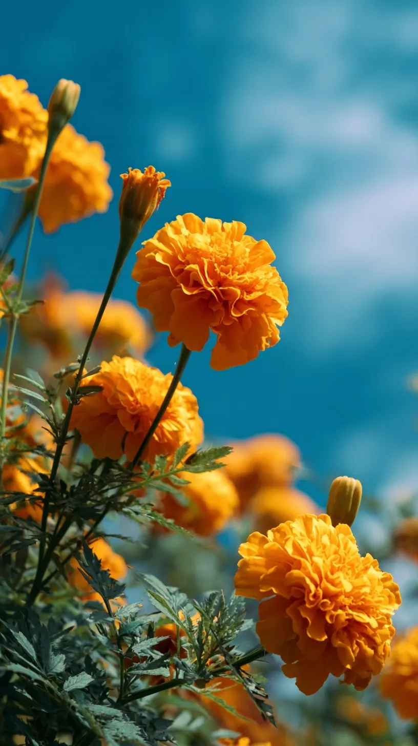 Vibrant yellow-gold marigold flowers blooming in a sunny garden against a clear blue sky background.