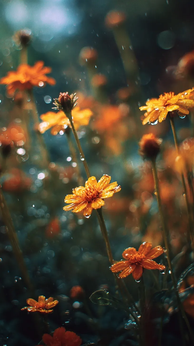Macro photograph of orange and yellow marigold flowers in the rain with cinematic bokeh and ethereal lighting.