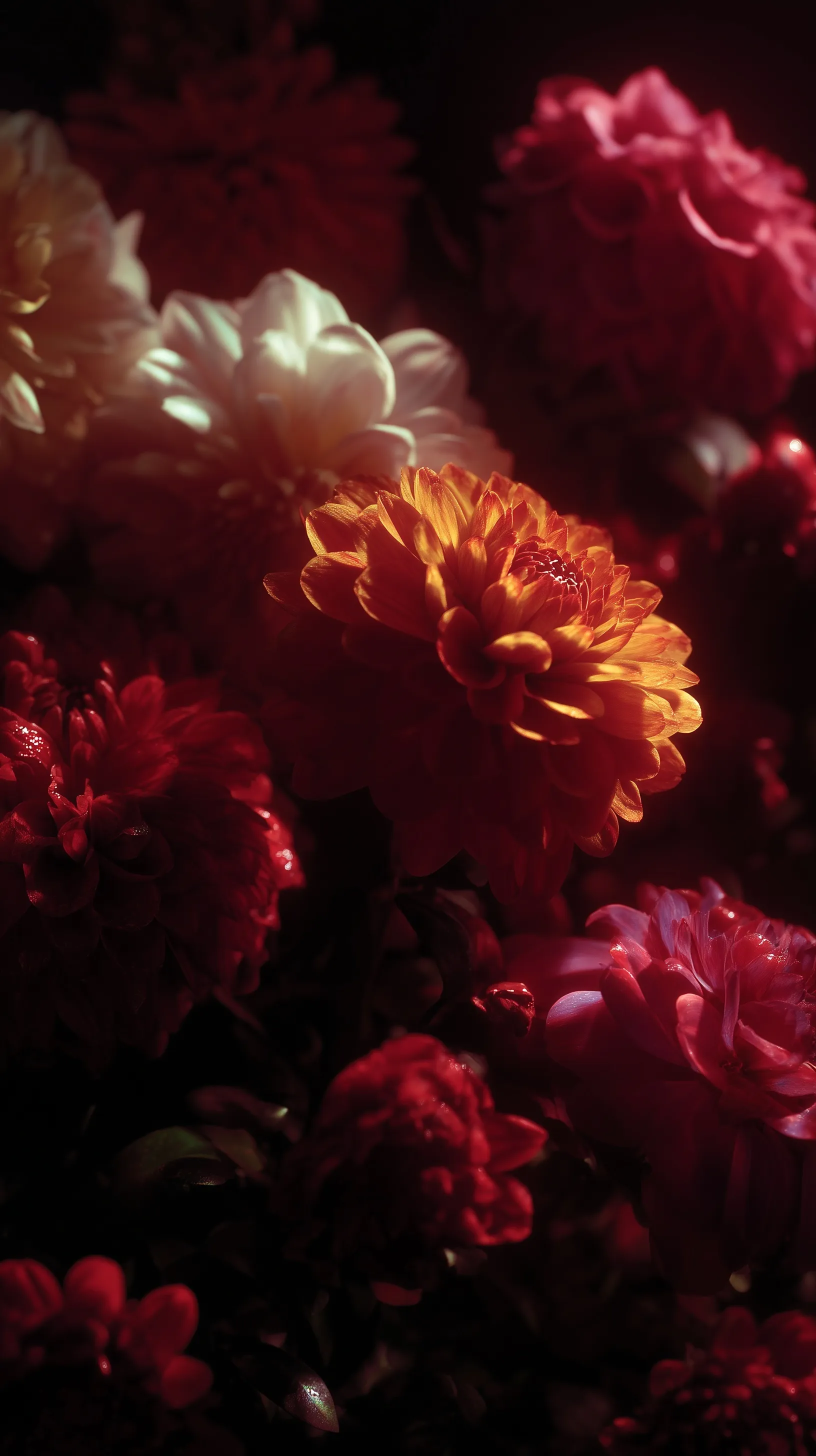 Close-up top-down view of vibrant Mexican marigolds and dahlias illuminated by candlelight for mobile wallpaper.