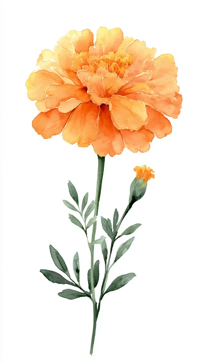 Simple salmon-colored watercolor marigold flower illustration isolated on a white background for mobile wallpaper.
