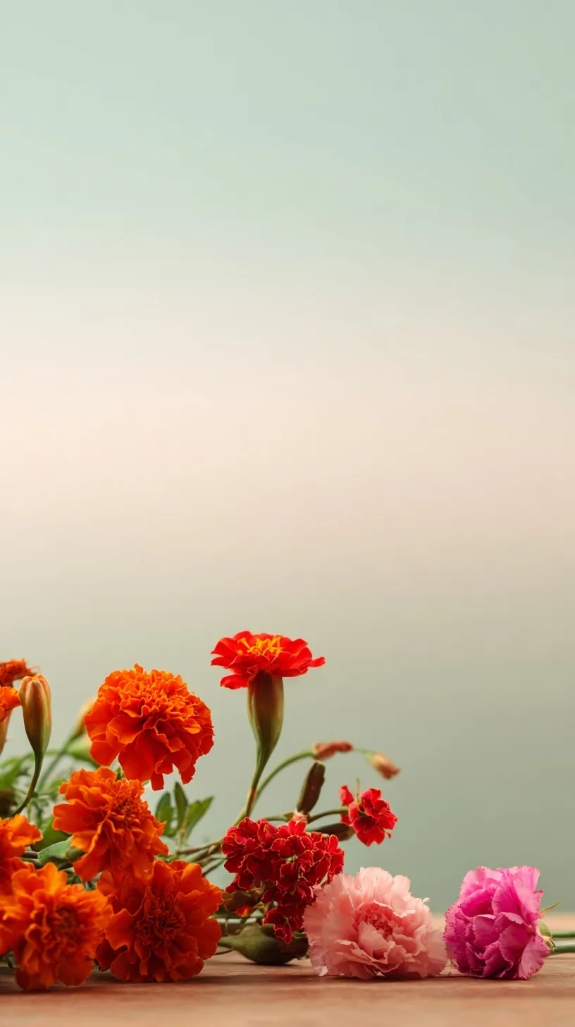 A vibrant bouquet of orange marigolds and pink carnations on a soft, sea-colored gradient background.