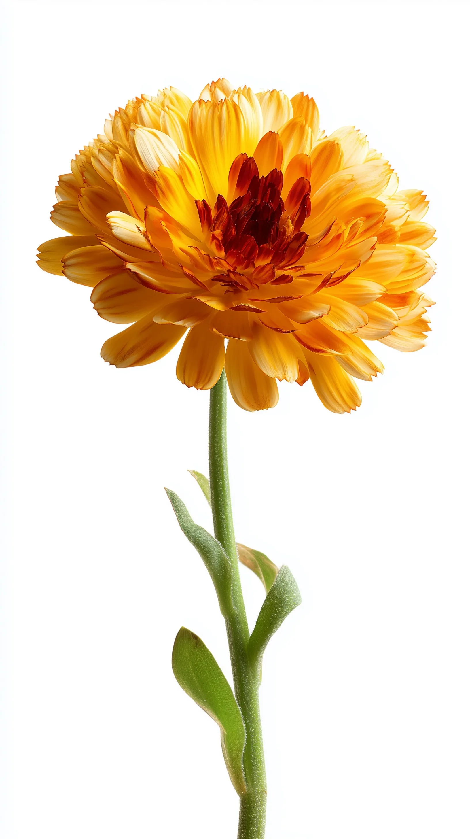 A bright yellow-orange Calendula officinalis marigold flower centered on a clean white background.