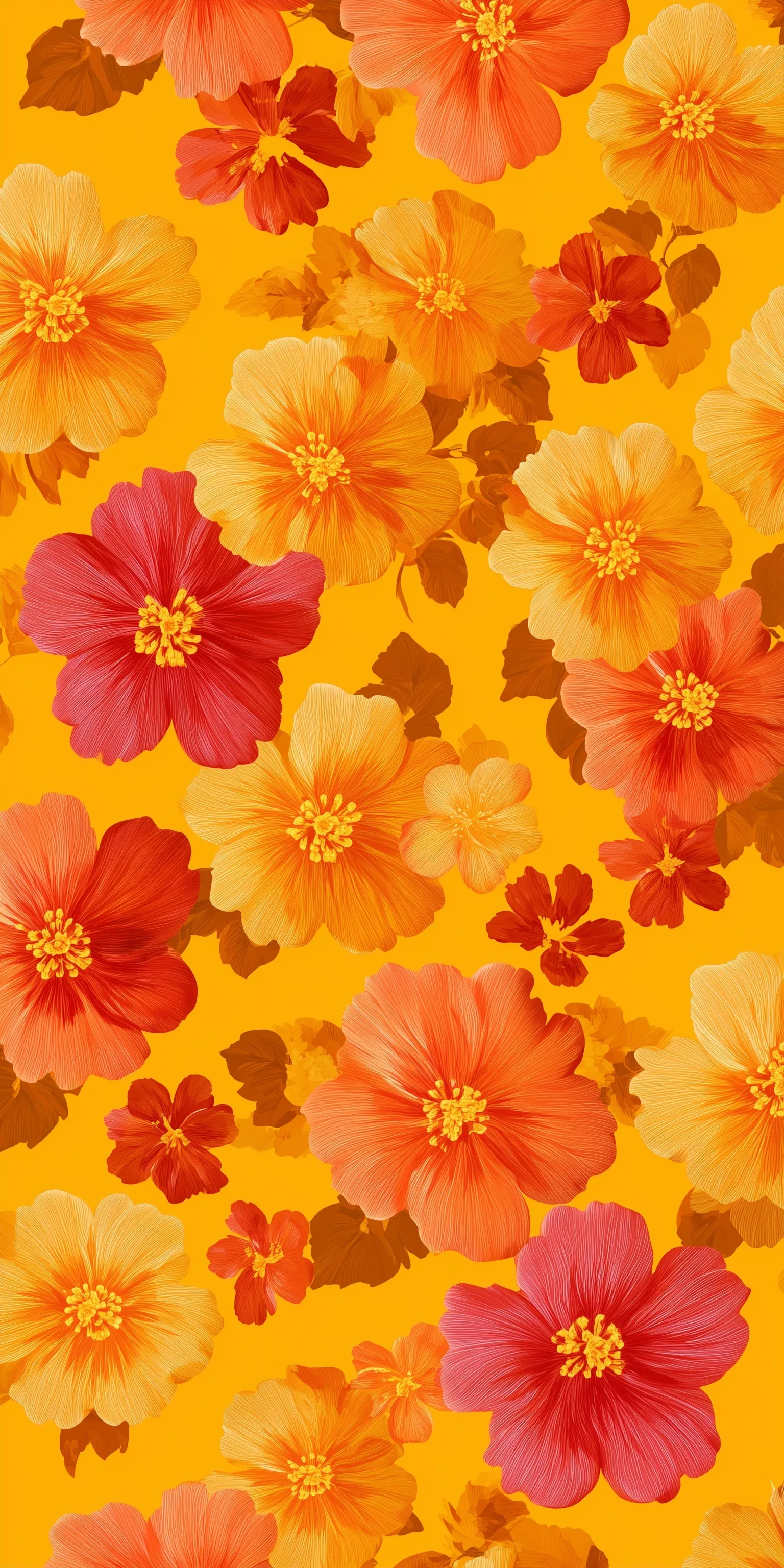 A seamless vertical floral geometric pattern with orange and red marigold flowers on a vibrant yellow background.