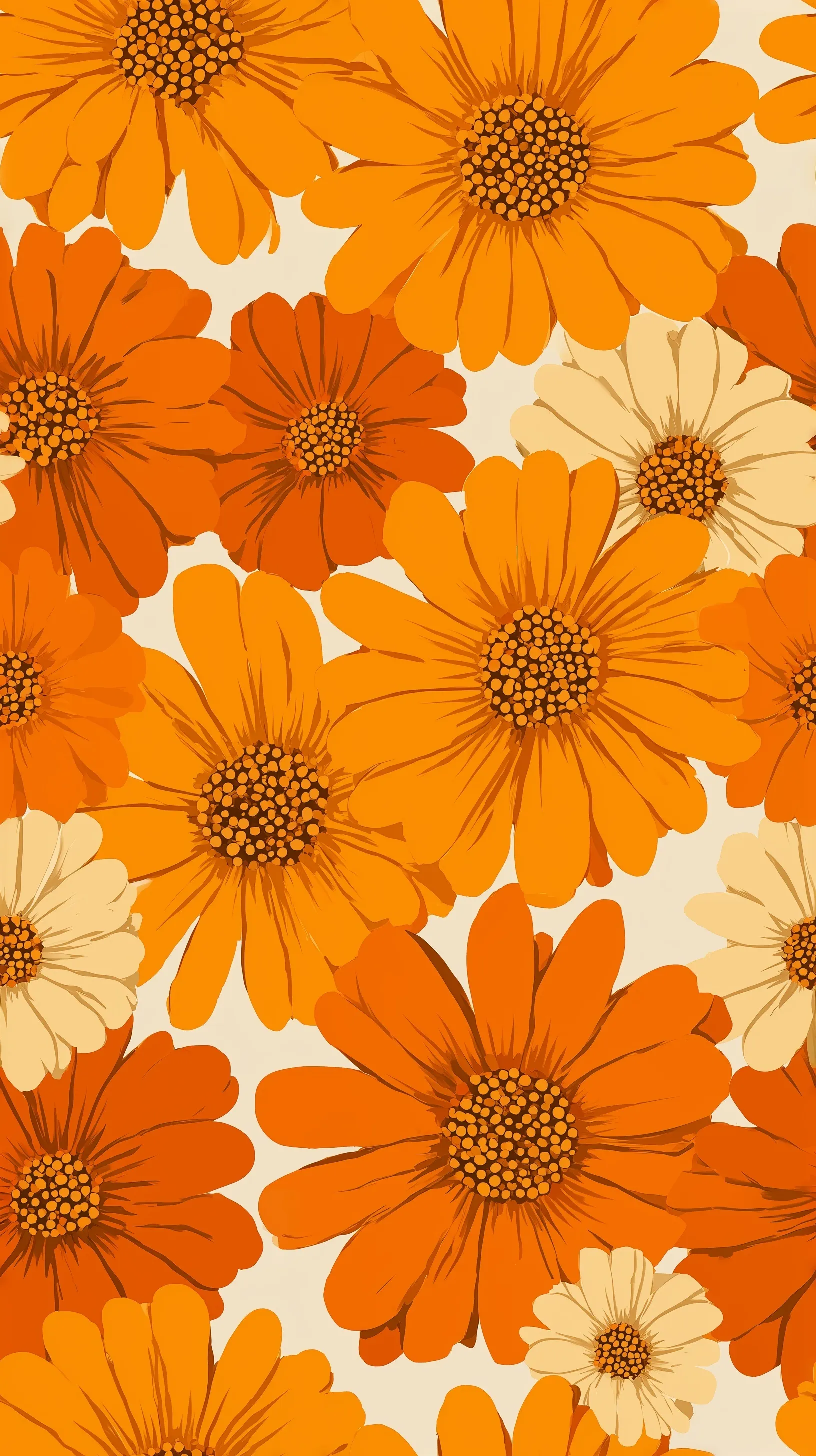 Retro 1970s floral mobile wallpaper featuring bold harvest gold marigold flowers on a cream background.