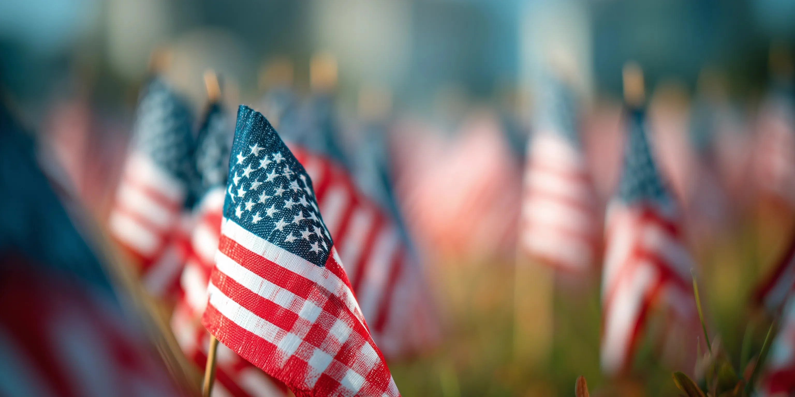 Rows of American flags on wooden poles in a grassy field, representing Memorial Day and patriotic remembrance.