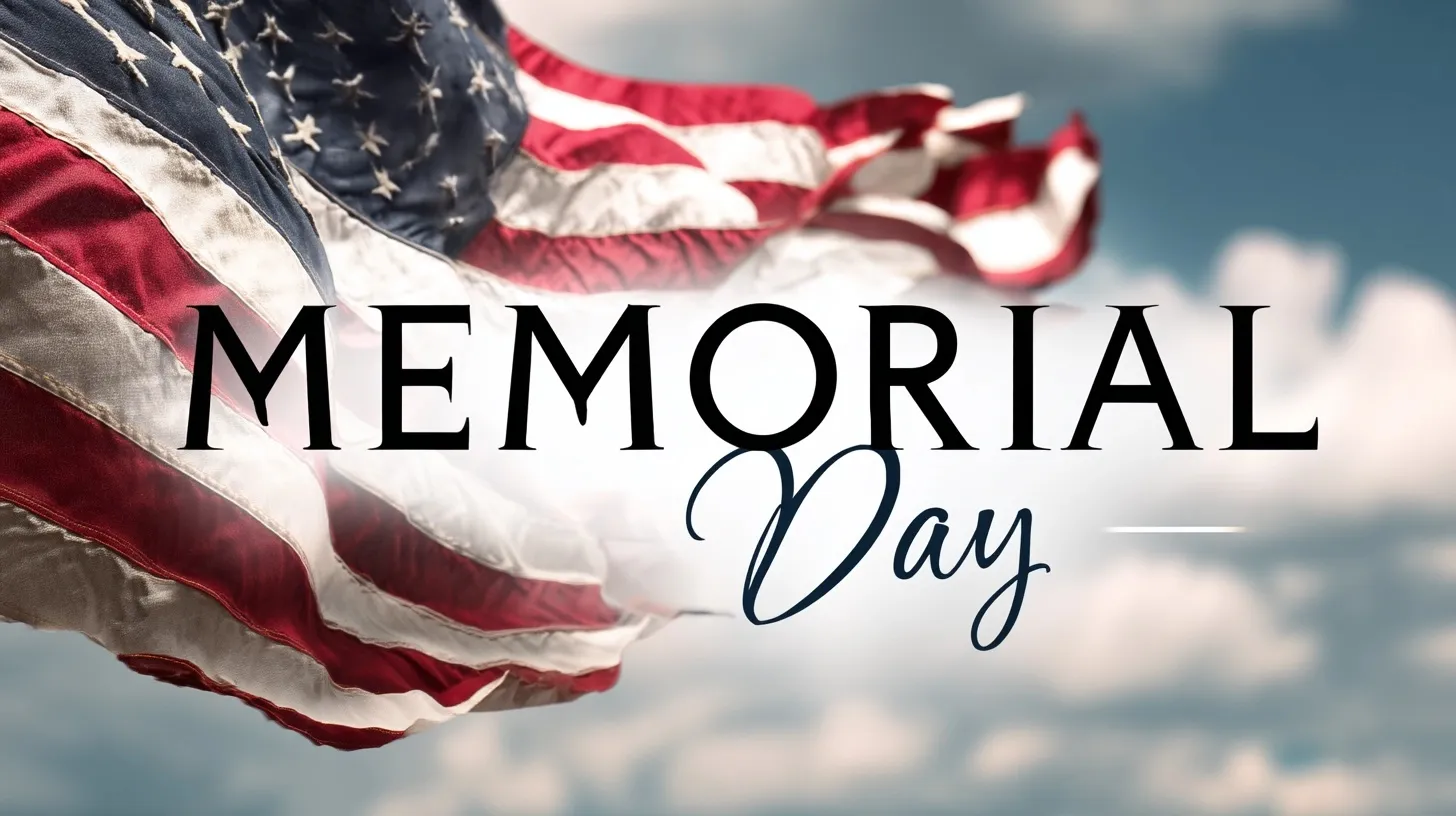 American flag banner for Memorial Day with vintage text, waving flag background, and patriotic remembrance concept.