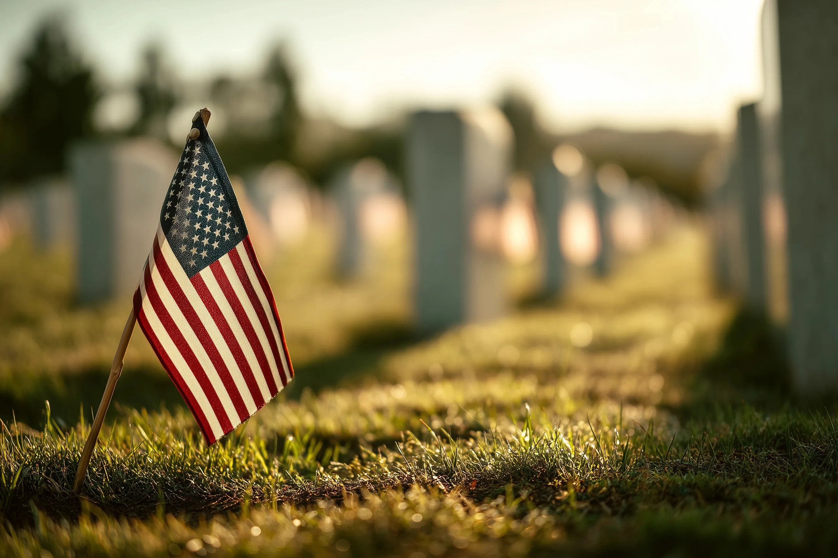 American flag waving in a military cemetery with white tombstones, honoring Memorial Day sacrifice and remembrance.