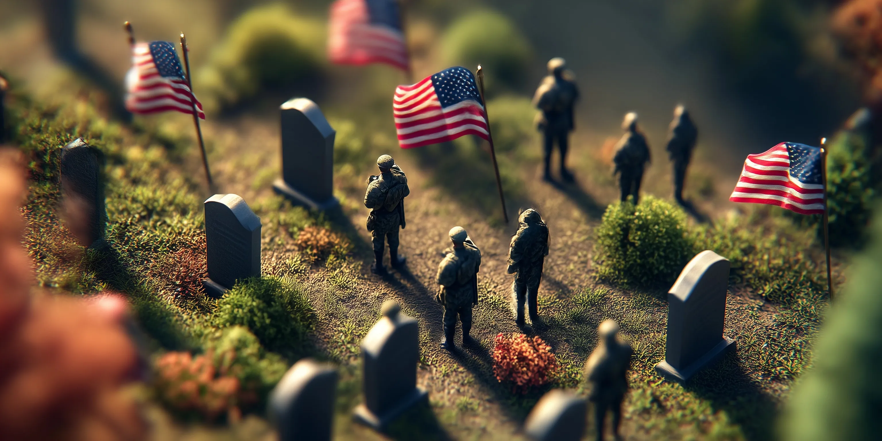 Aerial view of a miniature military cemetery with American flags and soldiers standing at attention on Memorial Day.