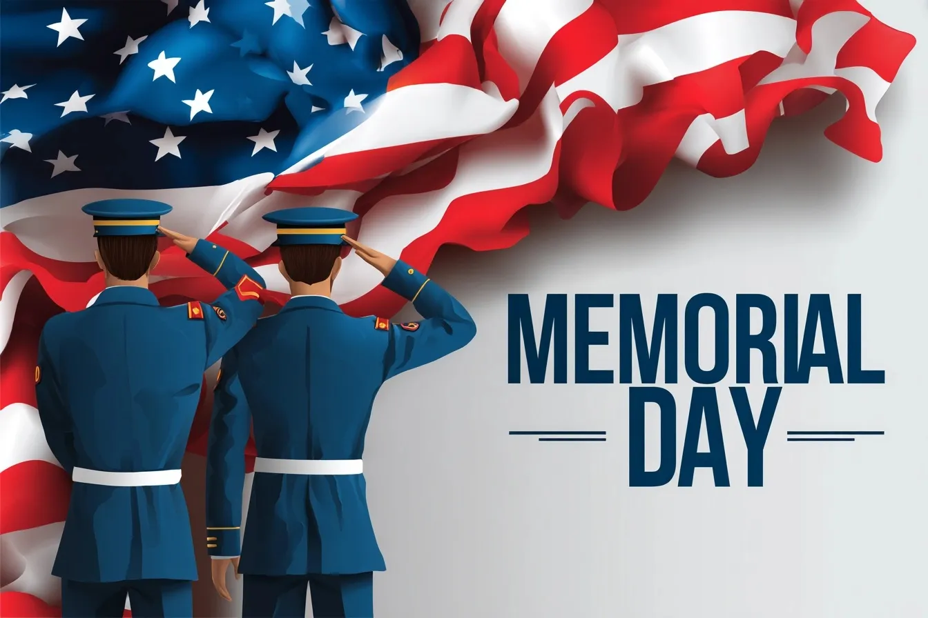 Vector illustration of saluting figures with a US flag background for Memorial Day, clean 2D patriotic design.
