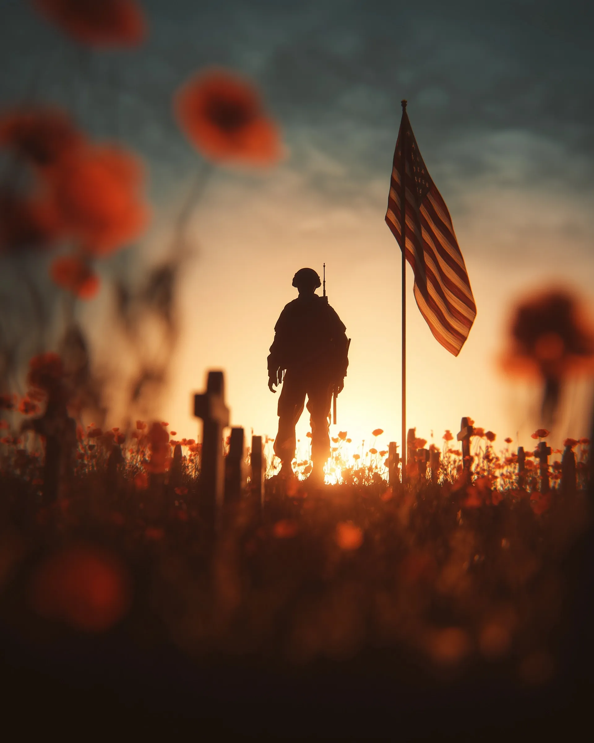 A soldier silhouette stands before a Memorial Day graveyard at sunset with a waving US flag and red poppies.