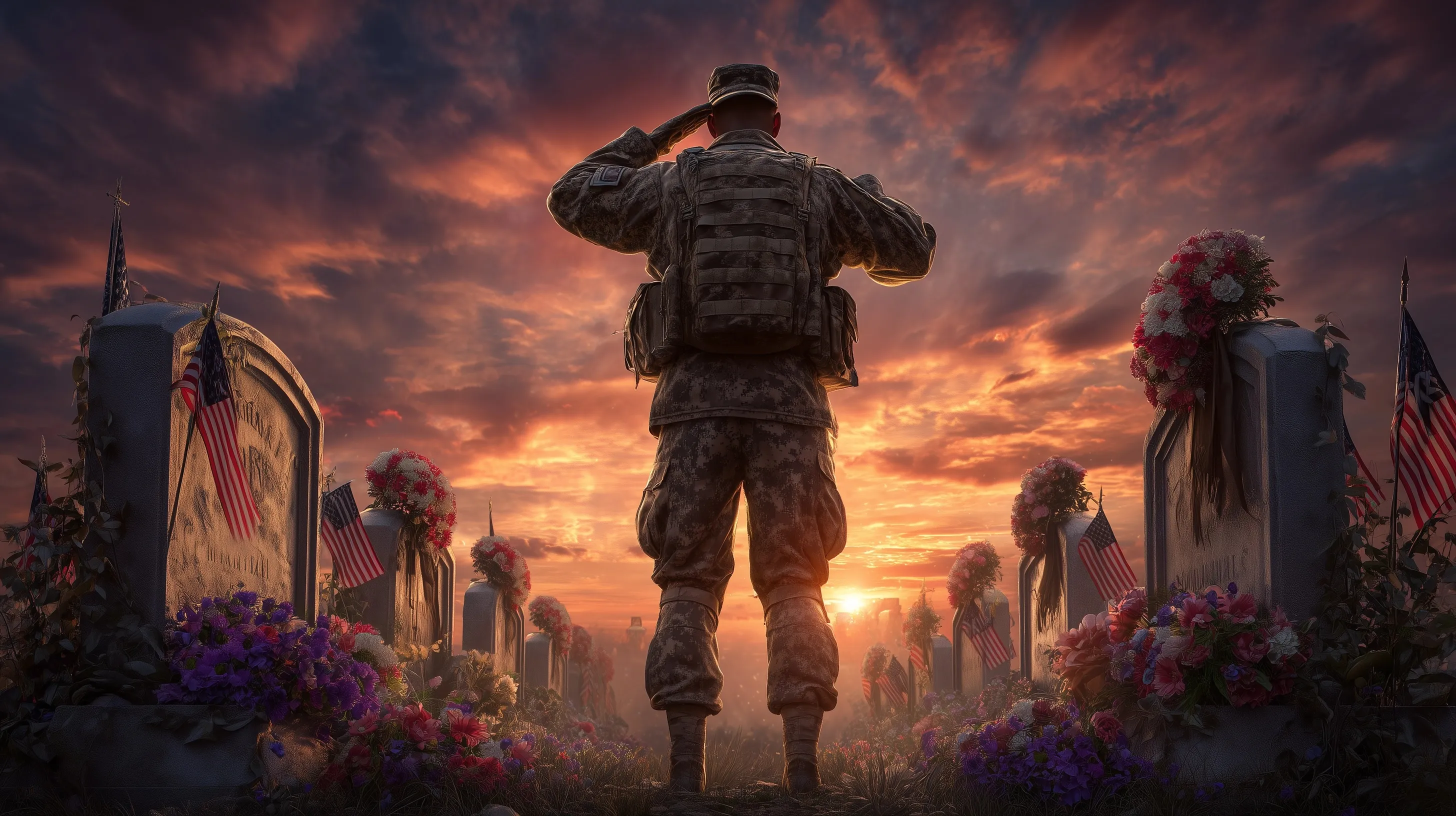 Cartoon-style Memorial Day tribute with American flags, soldiers, and gravestones under a vibrant sunset.