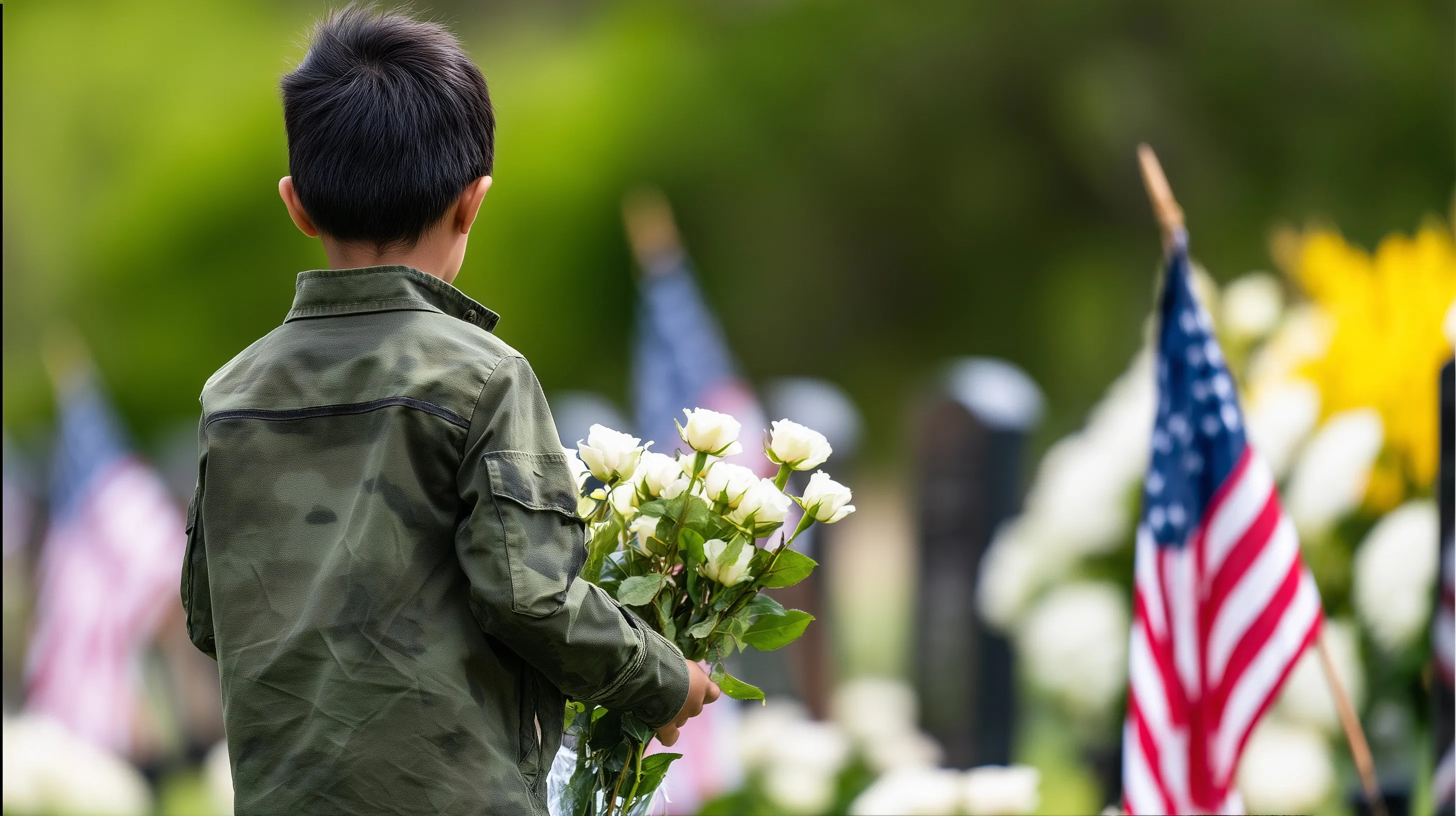 A young child placing white roses and American flags at a father's grave in a military cemetery on Memorial Day.